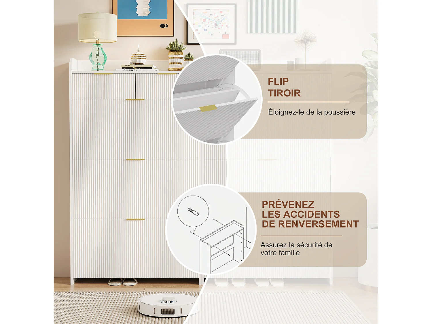 Meuble à chaussures 77x24x133 avec trois grands abattants et 2 tiroirs, dispositif anti-basculement, étagère réglable, MDF et Métal, Blanc