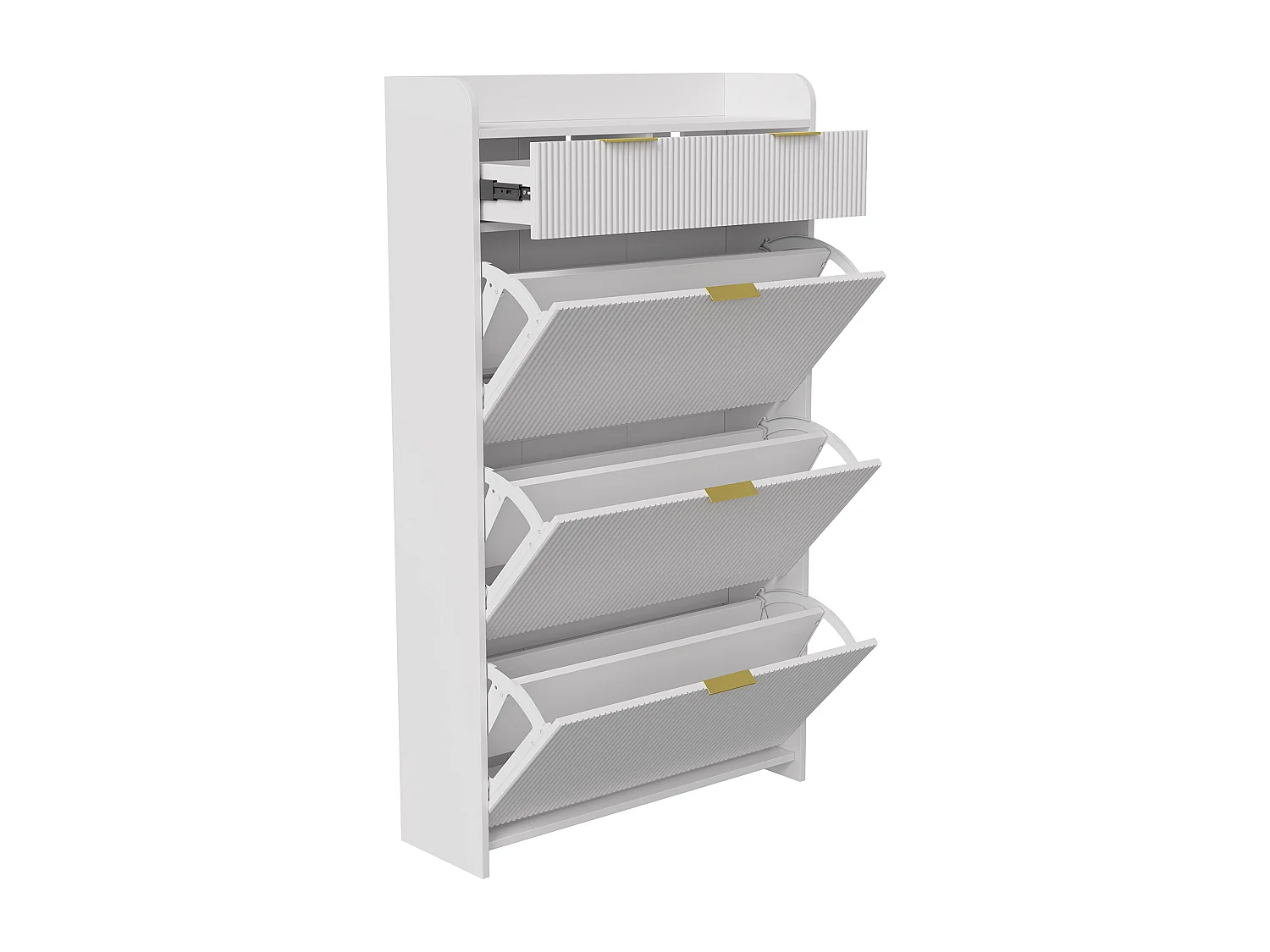 Meuble à chaussures 77x24x133 avec trois grands abattants et 2 tiroirs, dispositif anti-basculement, étagère réglable, MDF et Métal, Blanc