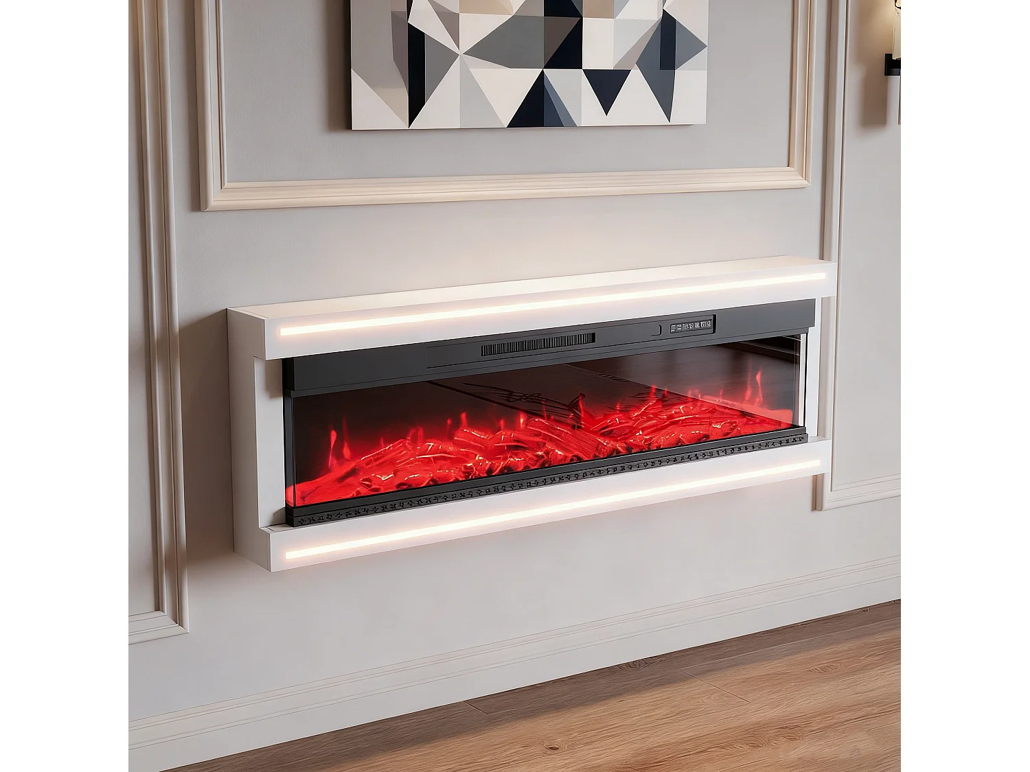 Cheminée électrique 750w et 1500w , cheminée murale encastrable effet flammes LED minuterie température luminosité réglables télécommande fournie, blanc