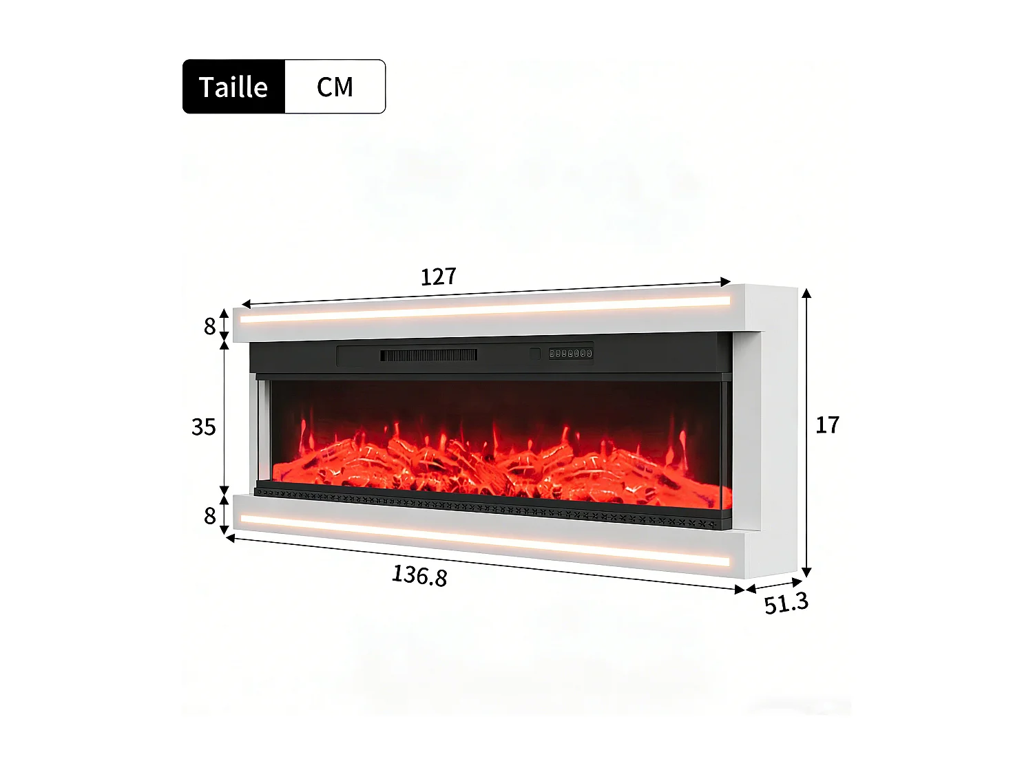 Cheminée électrique 750w et 1500w , cheminée murale encastrable effet flammes LED minuterie température luminosité réglables télécommande fournie, blanc