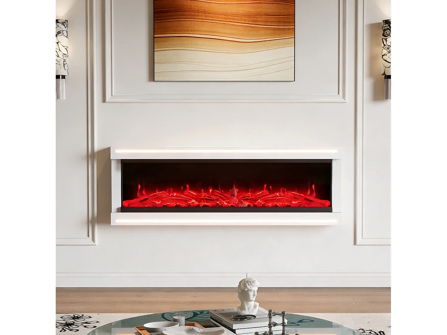 Cheminée électrique 750w et 1500w, cheminée murale avec effet flamme LED et minuterie, 161x17x51 cm , Blanc