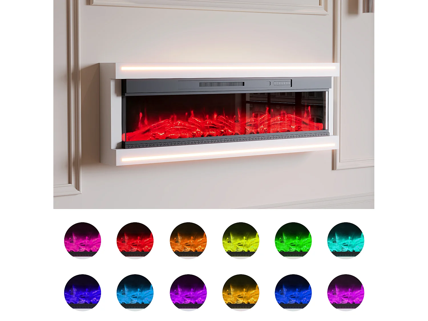 Cheminée électrique 750w et 1500w, cheminée murale avec effet flamme LED et minuterie, 161x17x51 cm , Blanc