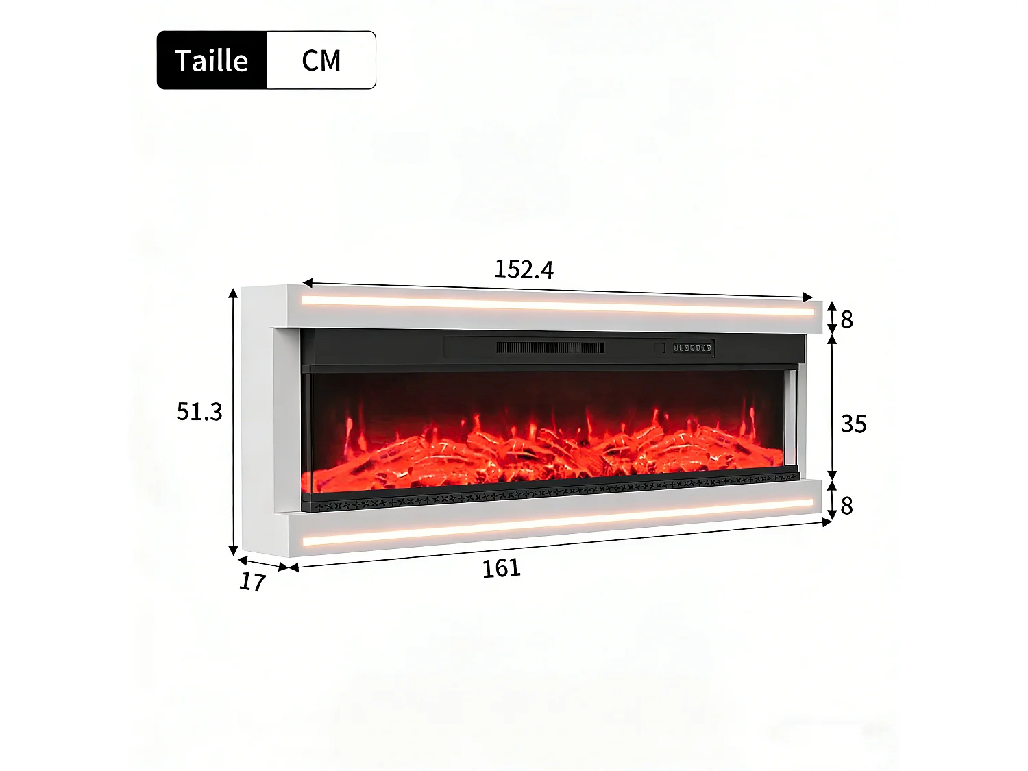 Cheminée électrique 750w et 1500w, cheminée murale avec effet flamme LED et minuterie, 161x17x51 cm , Blanc