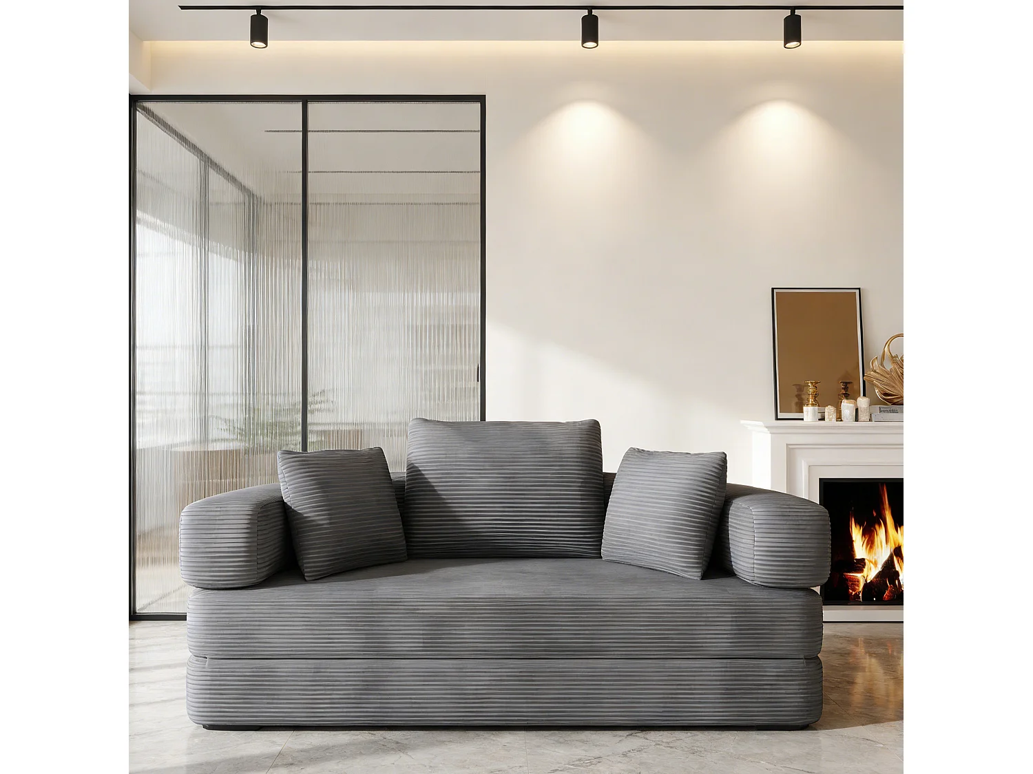 Canapé convertible multifonctionnel 2-en-1 - Canapé-lit gigogne rond - Velours côtelé - Canapé sans os sans assemblage - Gris