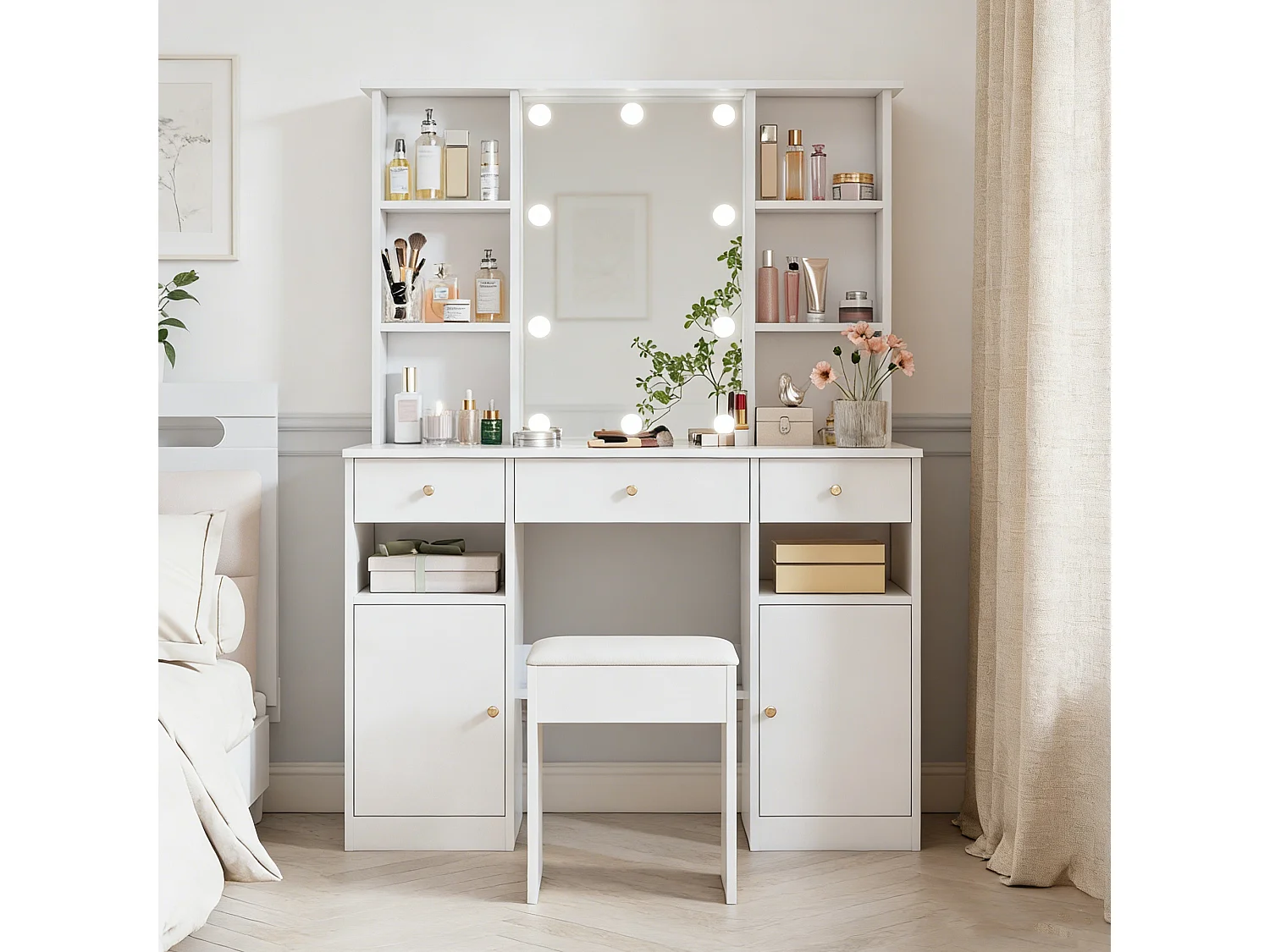 Coiffeuse miroir avec Lumières - Table de Maquillage avec tabouret  - 4 Etagères Ouvertes et 3 tiroirs - 105 × 152 × 40 cm - Blanc