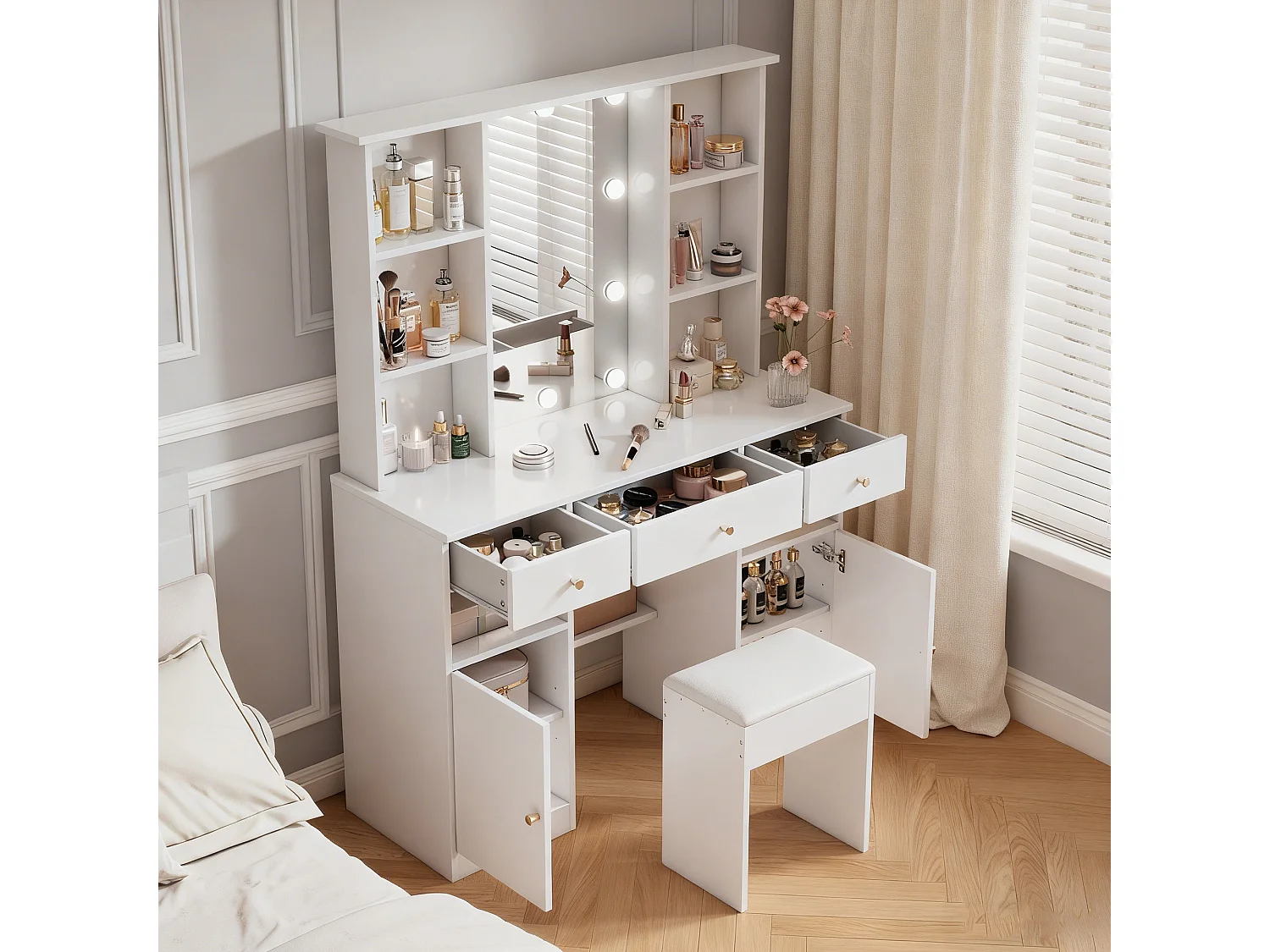 Coiffeuse miroir avec Lumières - Table de Maquillage avec tabouret  - 4 Etagères Ouvertes et 3 tiroirs - 105 × 152 × 40 cm - Blanc