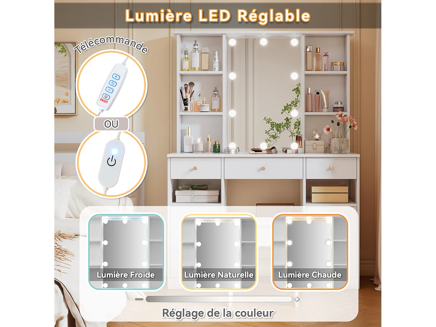 Coiffeuse miroir avec Lumières - Table de Maquillage avec tabouret  - 4 Etagères Ouvertes et 3 tiroirs - 105 × 152 × 40 cm - Blanc