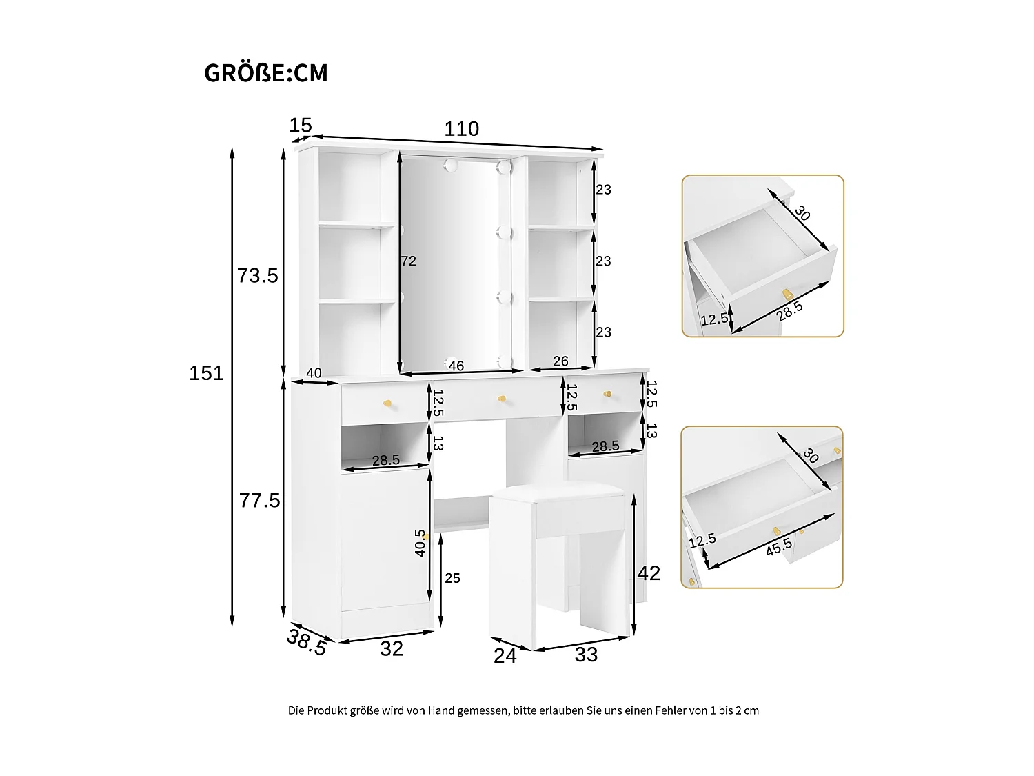 Coiffeuse miroir avec Lumières - Table de Maquillage avec tabouret  - 4 Etagères Ouvertes et 3 tiroirs - 105 × 152 × 40 cm - Blanc
