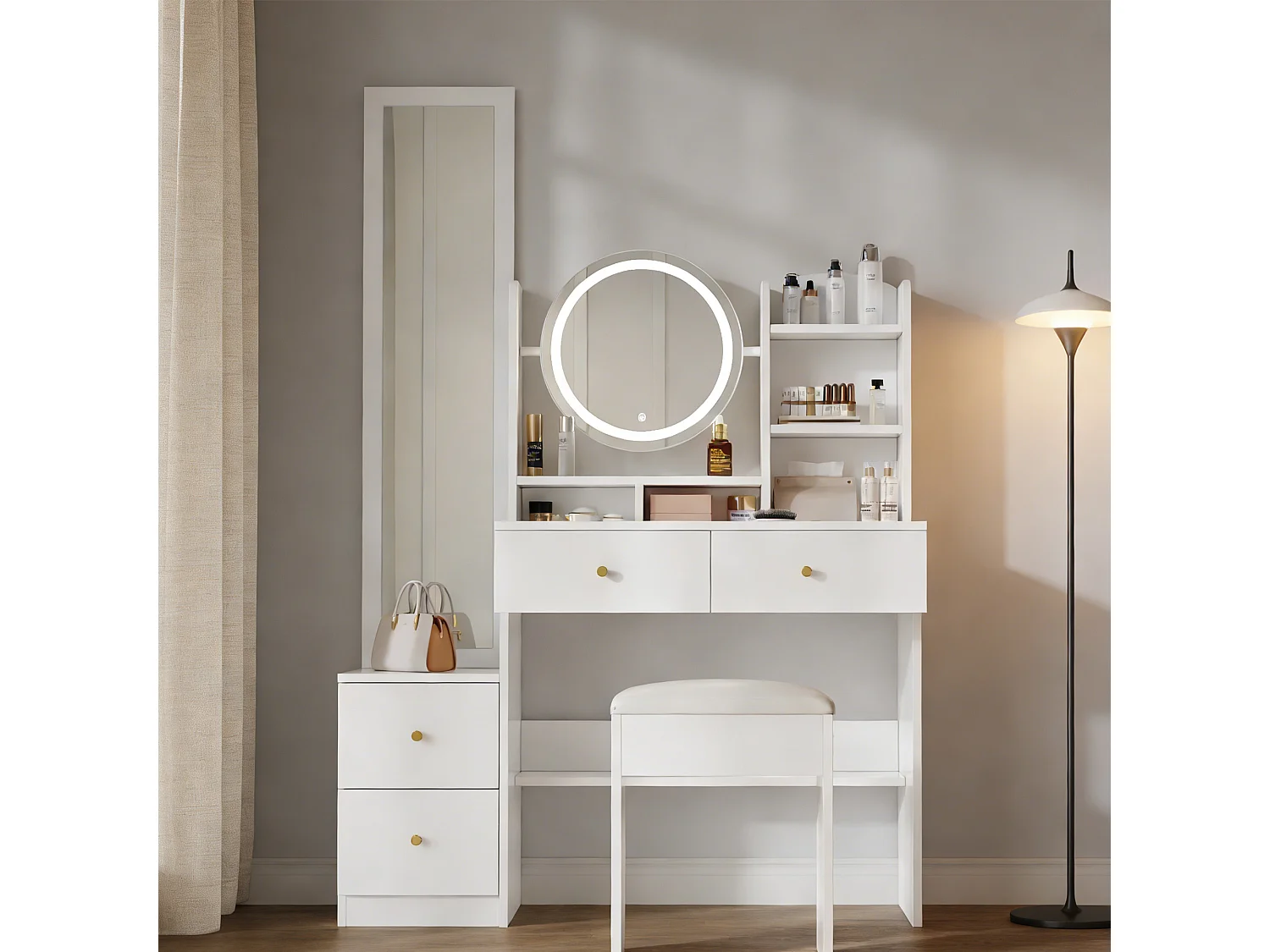 Coiffeuse miroir 4-en-1 - Table de Maquillage avec miroir rotation 360° et Miroir pleine longueur - LED et  tabouret - 164 × 109 × 36 cm  - Blanc