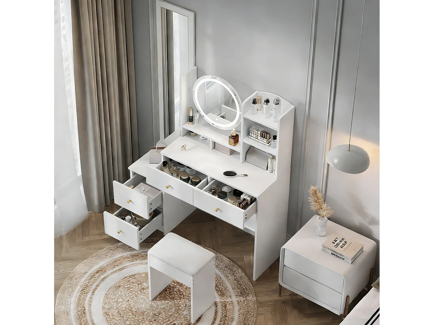 Coiffeuse miroir 4-en-1 - Table de Maquillage avec miroir rotation 360° et Miroir pleine longueur - LED et  tabouret - 164 × 109 × 36 cm  - Blanc
