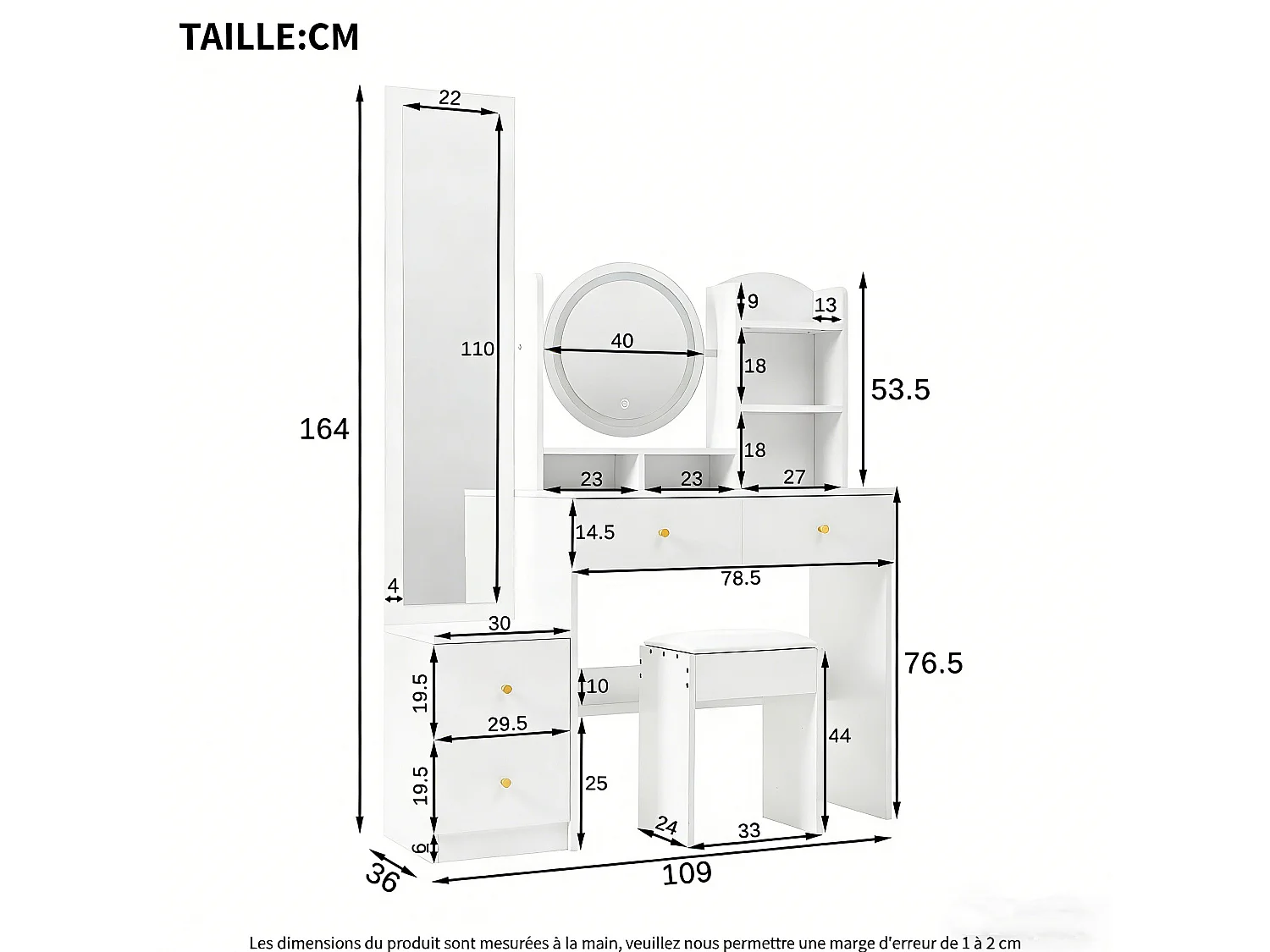 Coiffeuse miroir 4-en-1 - Table de Maquillage avec miroir rotation 360° et Miroir pleine longueur - LED et  tabouret - 164 × 109 × 36 cm  - Blanc