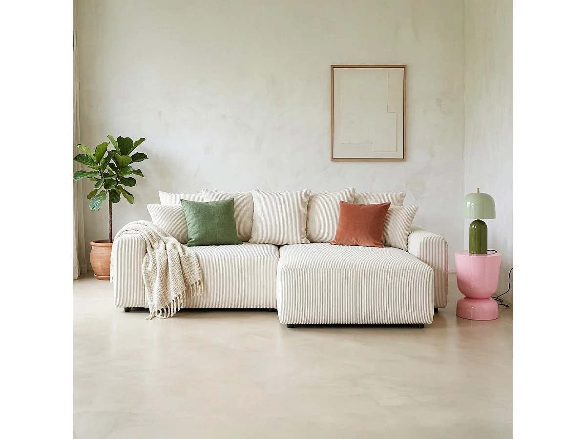 Canapé d'angle convertible réversible 4 places avec coffre de rangement en velours côtelé beige - Monceau