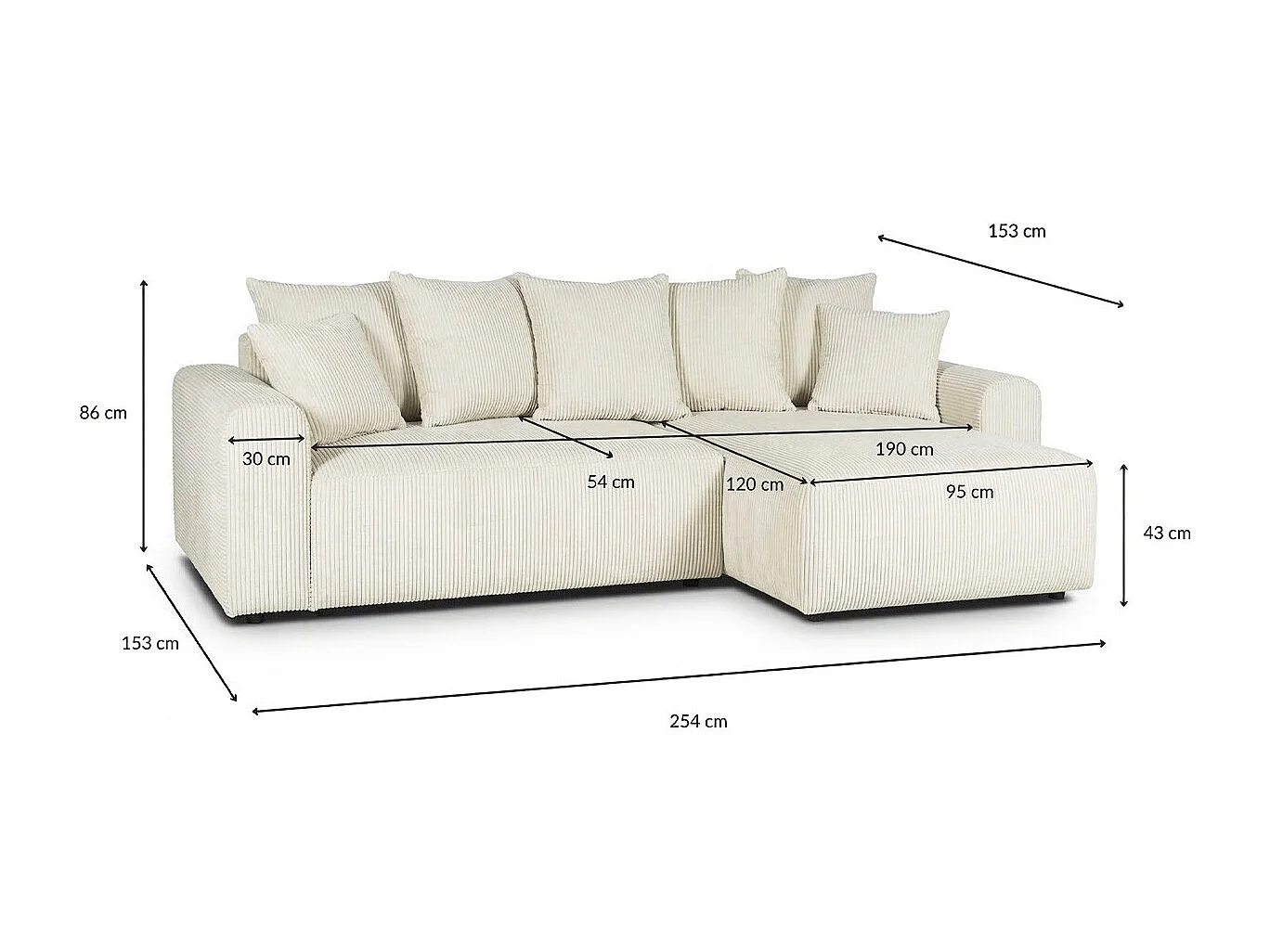 Canapé d'angle convertible réversible 4 places avec coffre de rangement en velours côtelé beige - Monceau