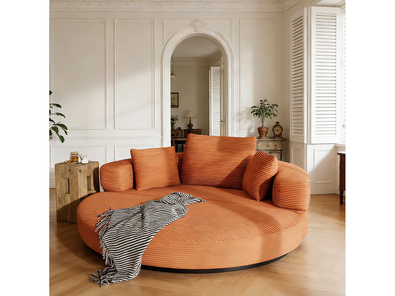Canapé convertible multifonctionnel 2-en-1 - Canapé-lit gigogne rond - Velours côtelé - Canapé sans os sans assemblage - Orange