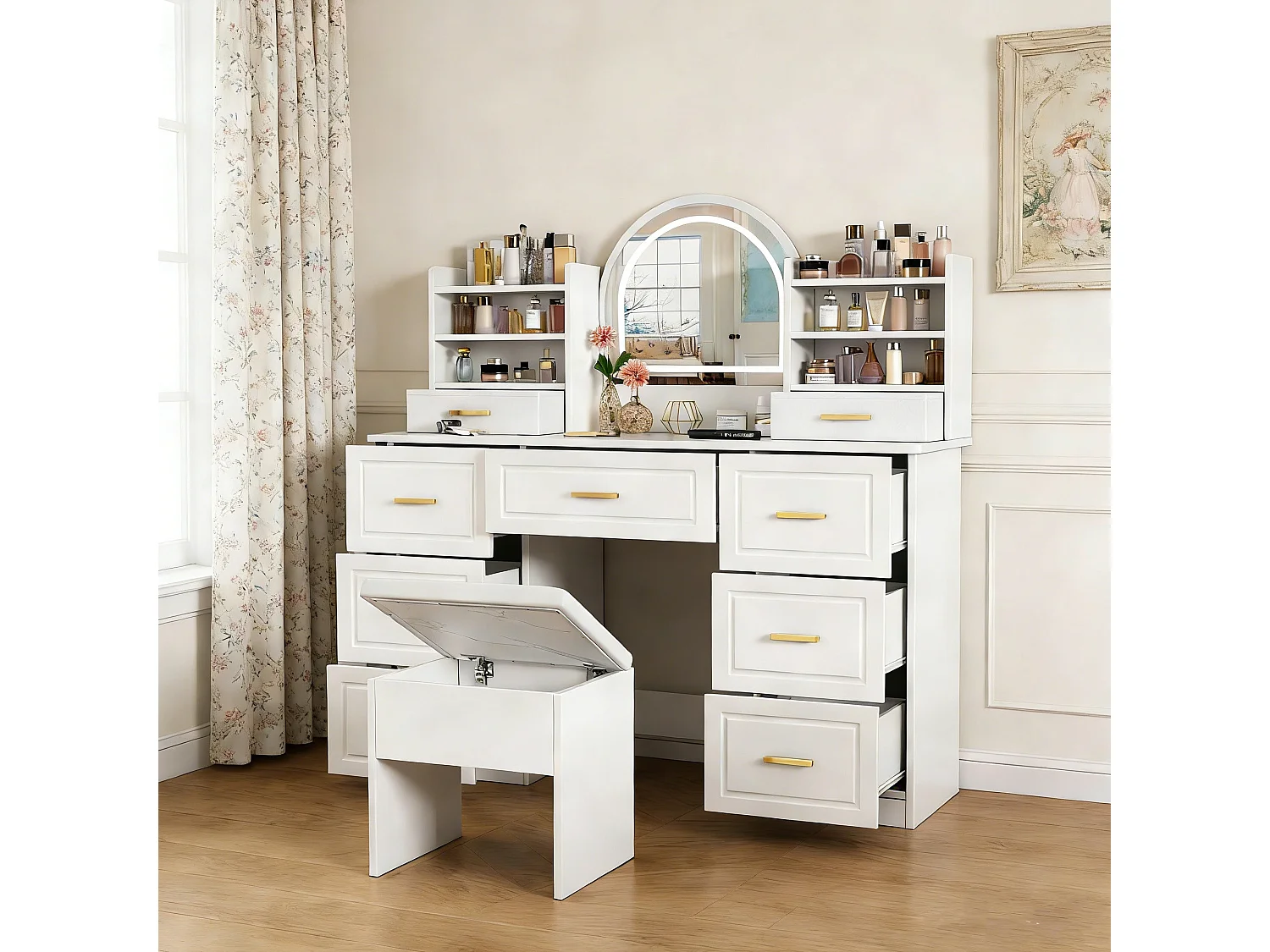 Coiffeuse miroir avec LED - Table de Maquillage avec tabouret de rangement  - 9 tiroirs et 4 étagère - 120 x 40 x 135cm - PB - Blanc