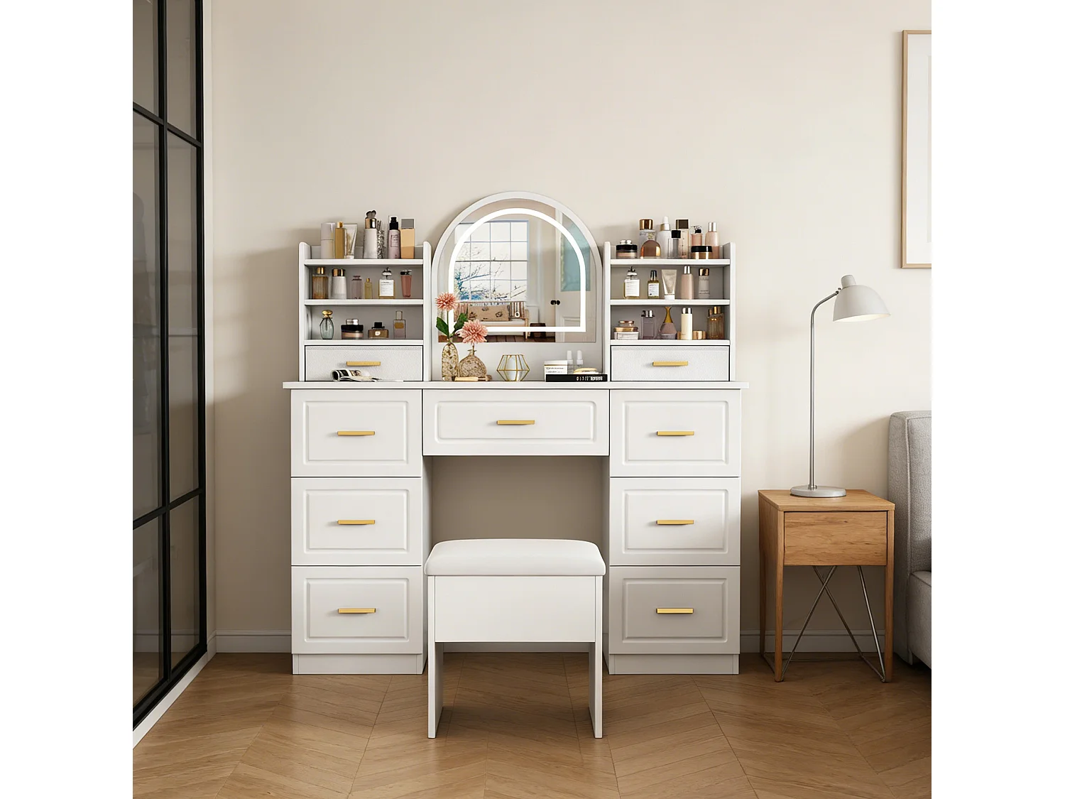 Coiffeuse miroir avec LED - Table de Maquillage avec tabouret de rangement  - 9 tiroirs et 4 étagère - 120 x 40 x 135cm - PB - Blanc