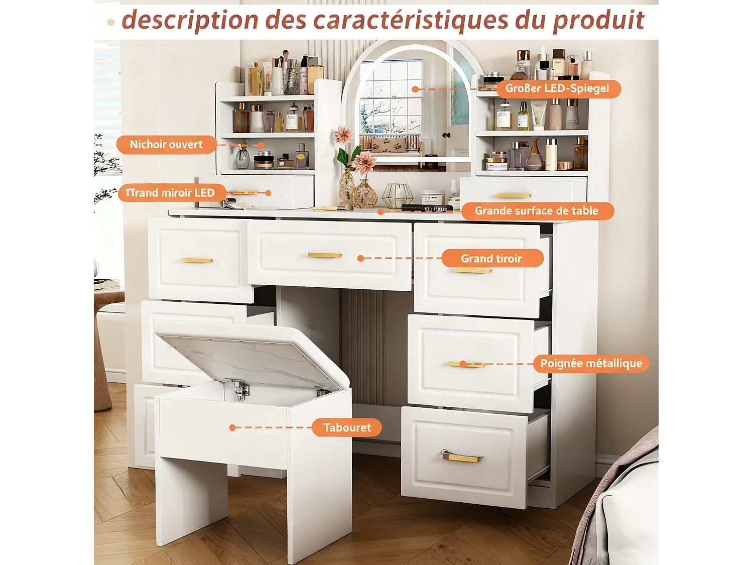 Coiffeuse miroir avec LED - Table de Maquillage avec tabouret de rangement  - 9 tiroirs et 4 étagère - 120 x 40 x 135cm - PB - Blanc