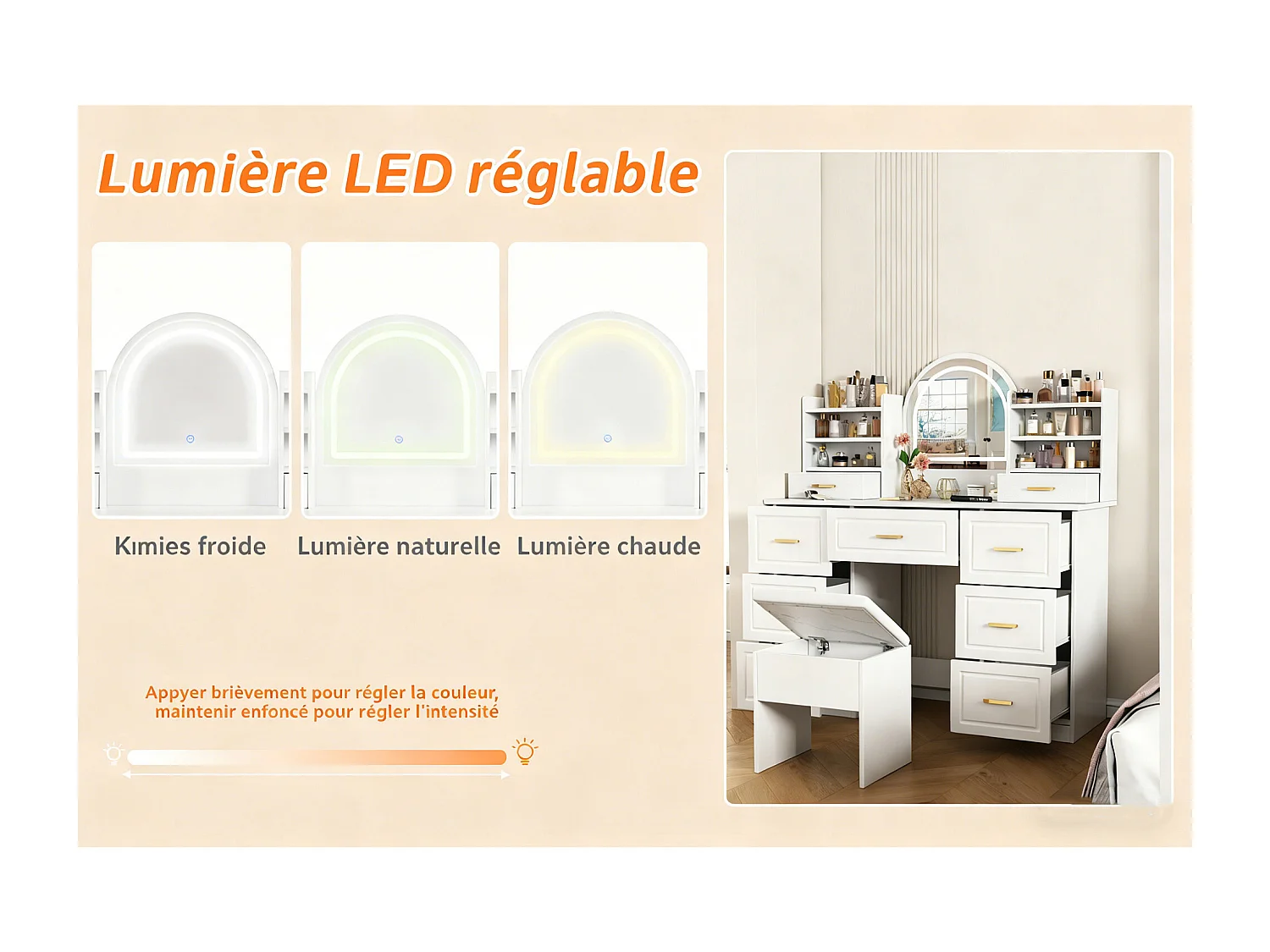 Coiffeuse miroir avec LED - Table de Maquillage avec tabouret de rangement  - 9 tiroirs et 4 étagère - 120 x 40 x 135cm - PB - Blanc