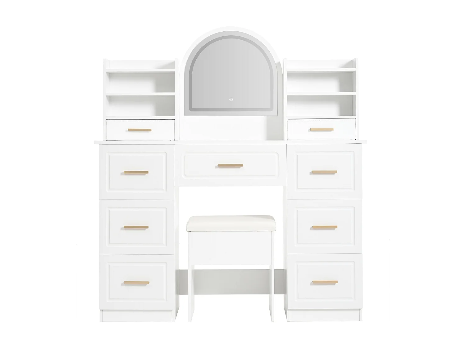 Coiffeuse miroir avec LED - Table de Maquillage avec tabouret de rangement  - 9 tiroirs et 4 étagère - 120 x 40 x 135cm - PB - Blanc