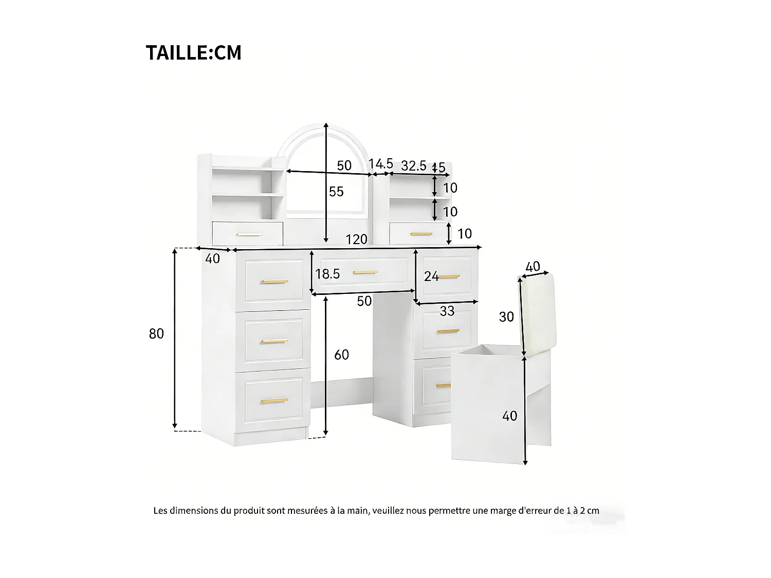 Coiffeuse miroir avec LED - Table de Maquillage avec tabouret de rangement  - 9 tiroirs et 4 étagère - 120 x 40 x 135cm - PB - Blanc