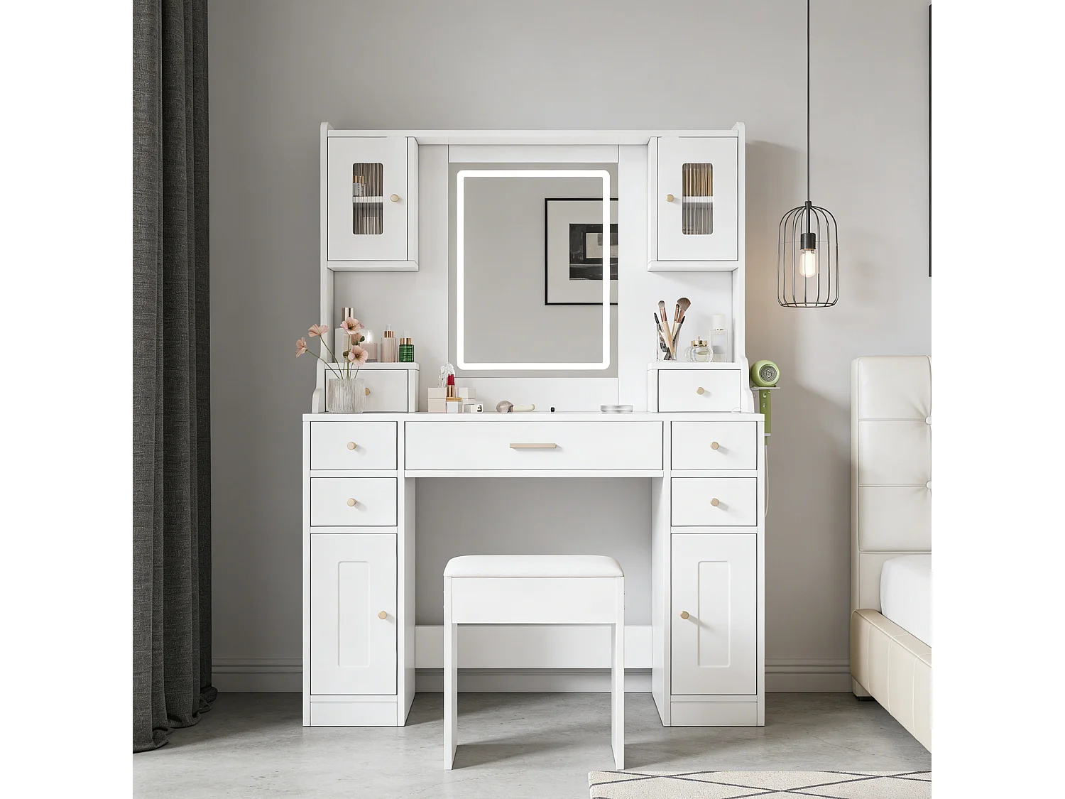 Meuble coiffeuse avec éclairage LED et miroir - 6 tiroirs et 4 portes - tabouret de rangement - support pour sèche-cheveux 105 × 152 × 40 cm - Blanche