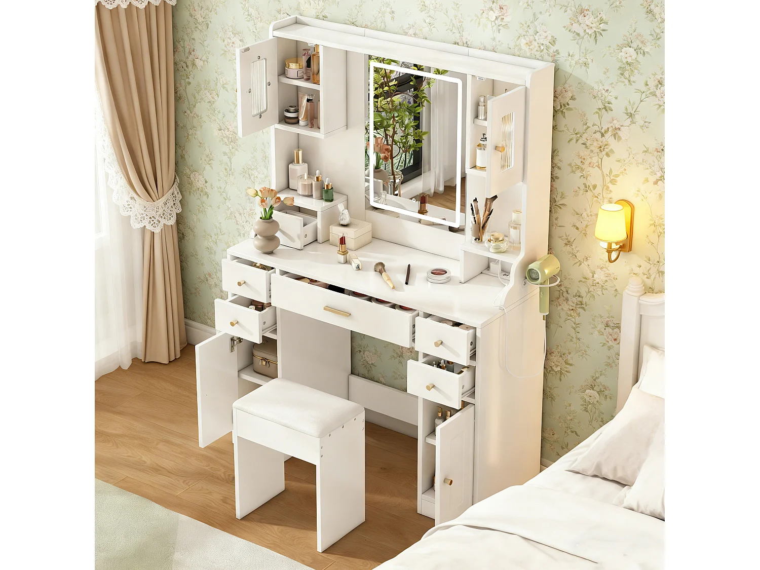 Meuble coiffeuse avec éclairage LED et miroir - 6 tiroirs et 4 portes - tabouret de rangement - support pour sèche-cheveux 105 × 152 × 40 cm - Blanche
