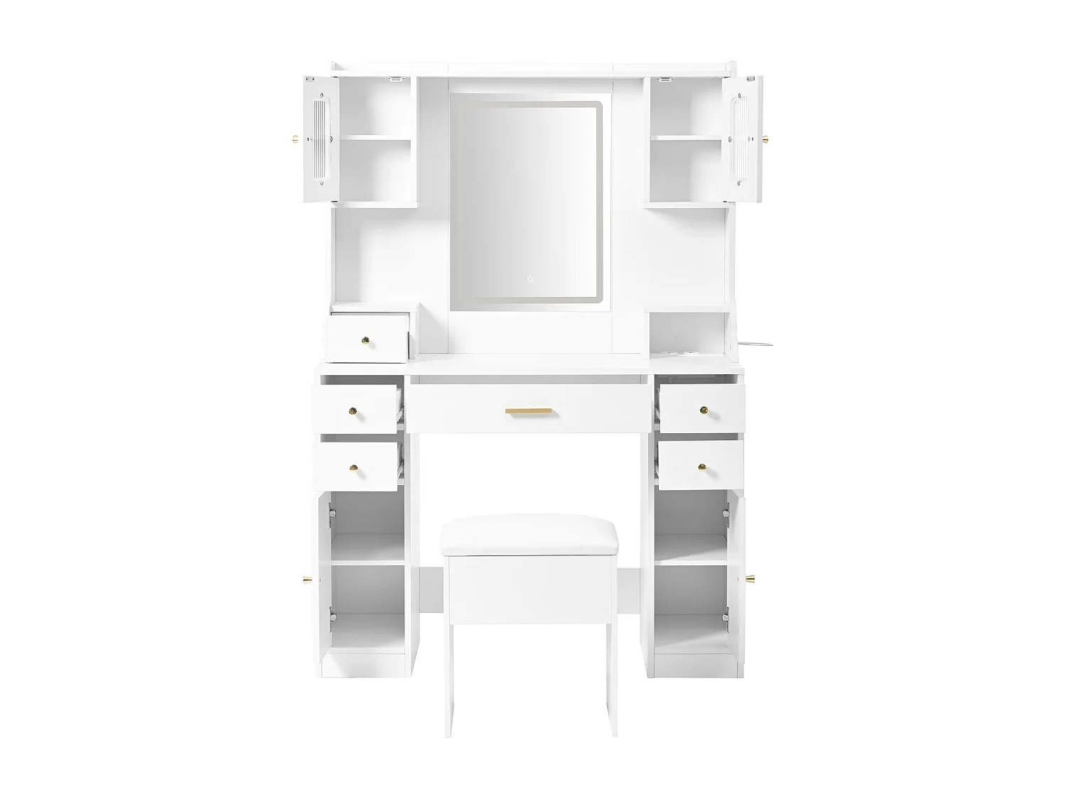 Meuble coiffeuse avec éclairage LED et miroir - 6 tiroirs et 4 portes - tabouret de rangement - support pour sèche-cheveux 105 × 152 × 40 cm - Blanche