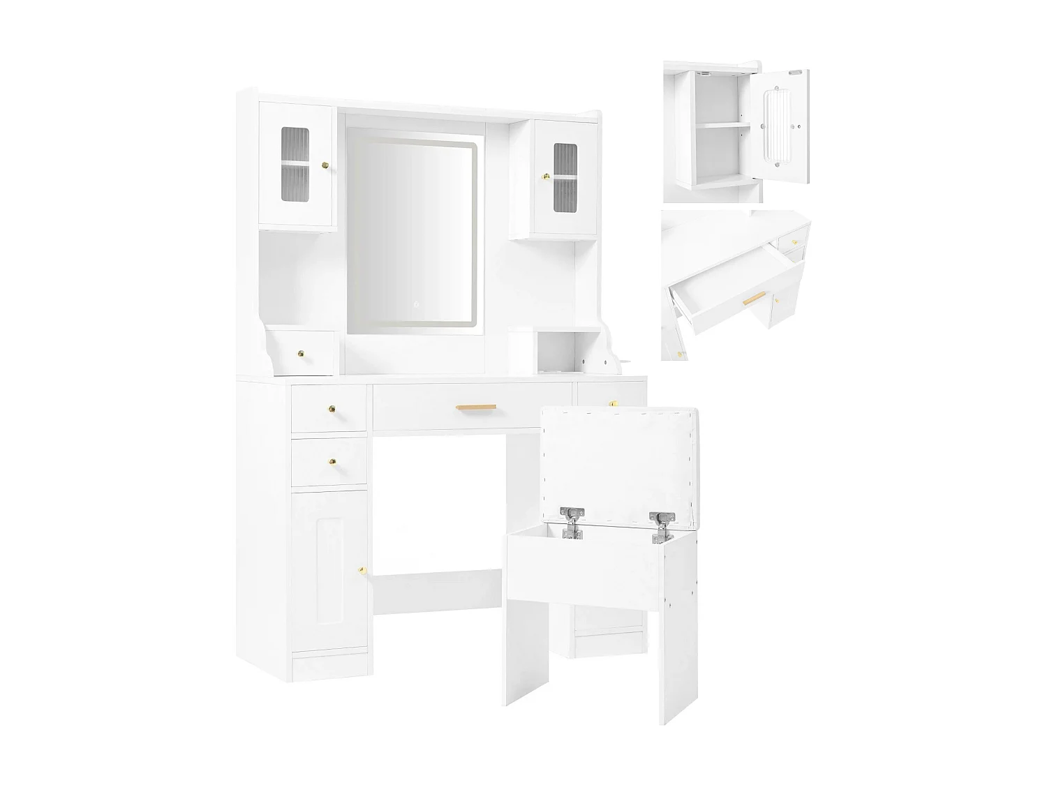 Meuble coiffeuse avec éclairage LED et miroir - 6 tiroirs et 4 portes - tabouret de rangement - support pour sèche-cheveux 105 × 152 × 40 cm - Blanche