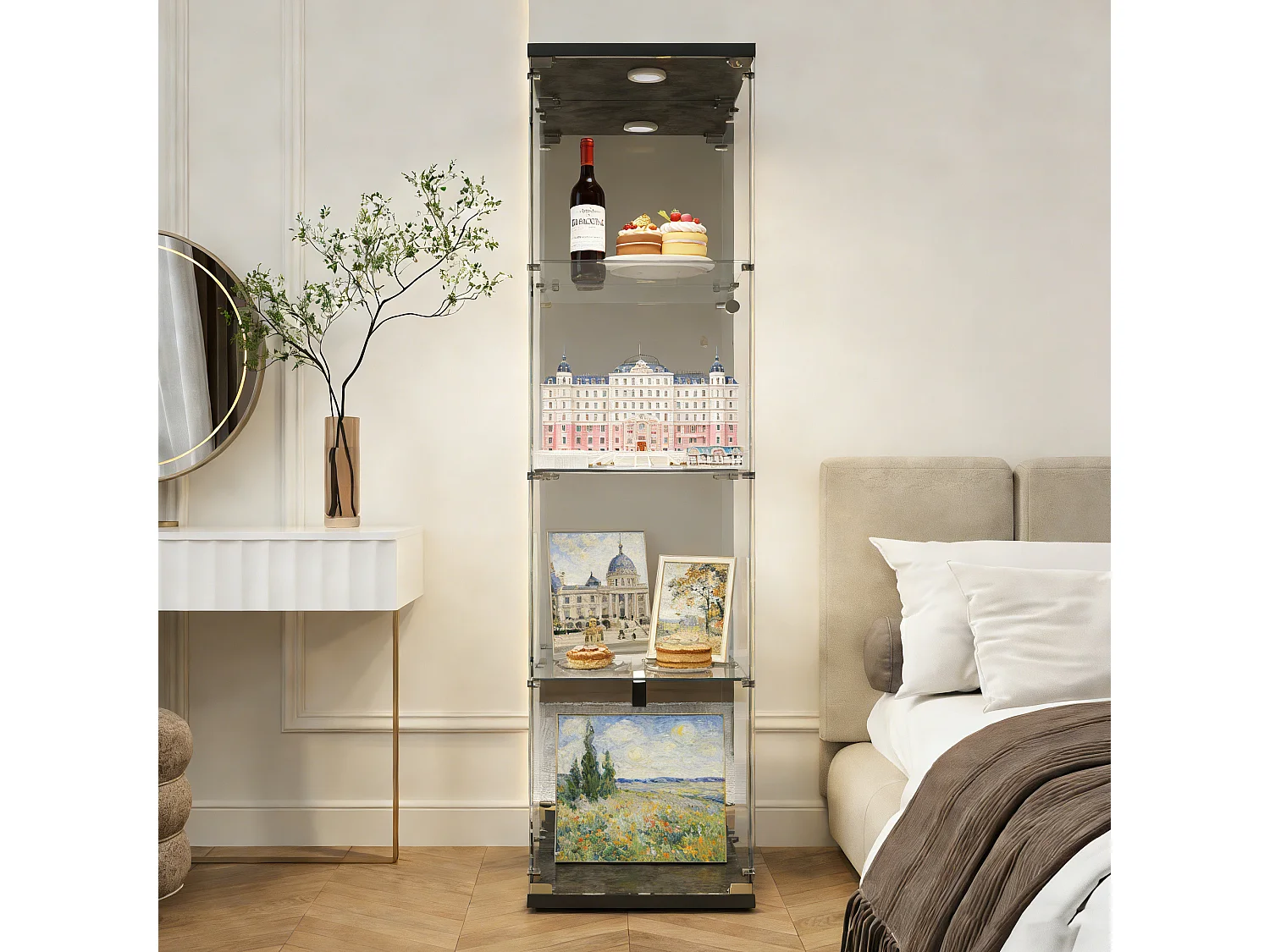 Vitrine en Verre Trempé étage 4 avec Lampe à Tapoter et Serrure – Style Moderne - pour Salon et Chambre or Bureau - Noir