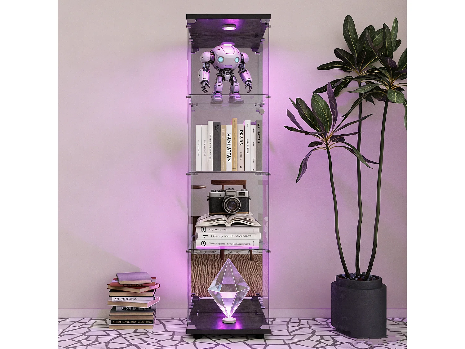 Vitrine en Verre Trempé étage 4 avec Lampe à Tapoter et Serrure – Style Moderne - pour Salon et Chambre or Bureau - Noir