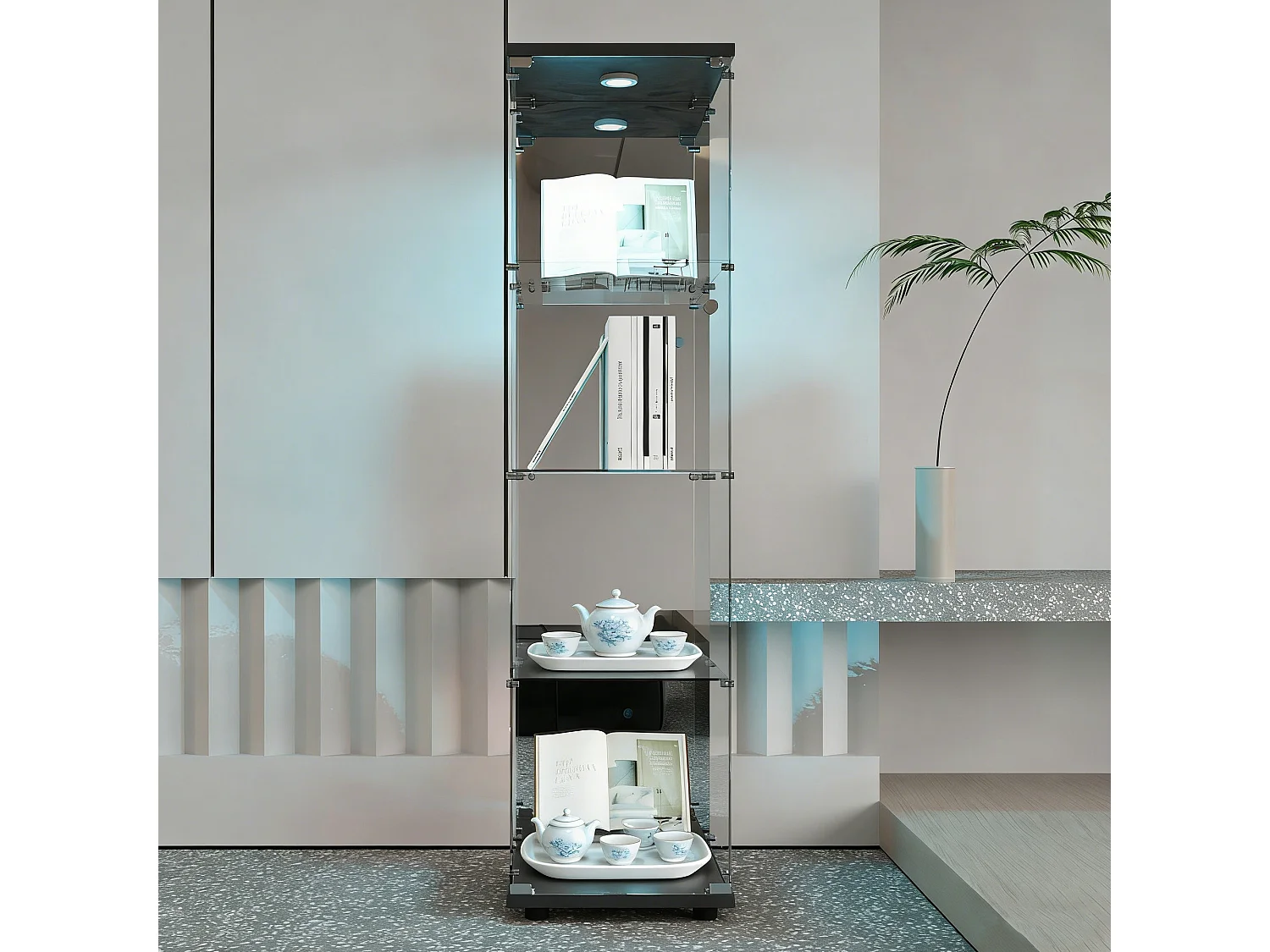 Vitrine en Verre Trempé étage 4 avec Lampe à Tapoter et Serrure – Style Moderne - pour Salon et Chambre or Bureau - Noir