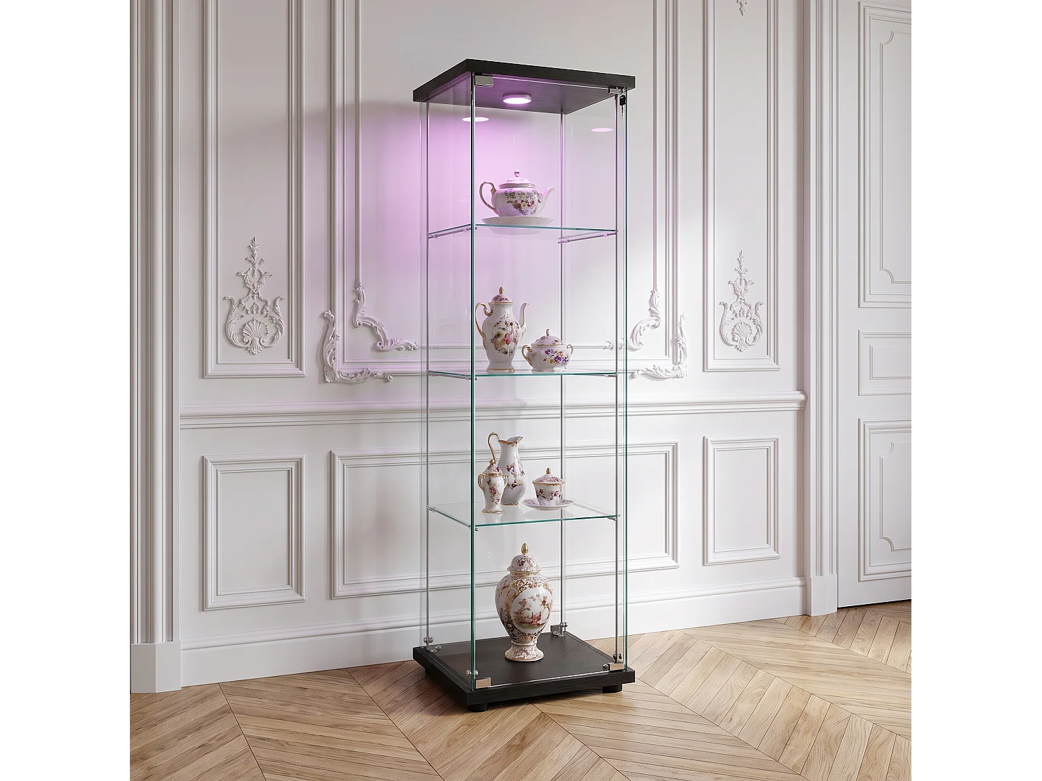 Vitrinekast van gehard glas met 4 planken, sfeerverlichting en slot – Moderne stijl – voor woonkamer, slaapkamer of kantoor – Zwart