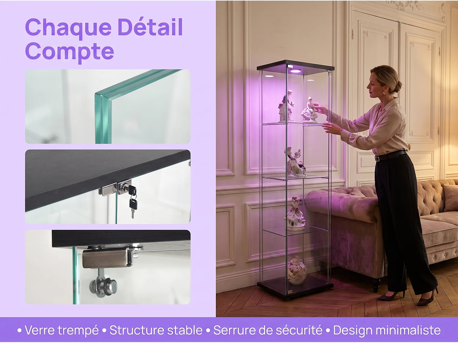 Vitrinekast van gehard glas met 4 planken, sfeerverlichting en slot – Moderne stijl – voor woonkamer, slaapkamer of kantoor – Zwart