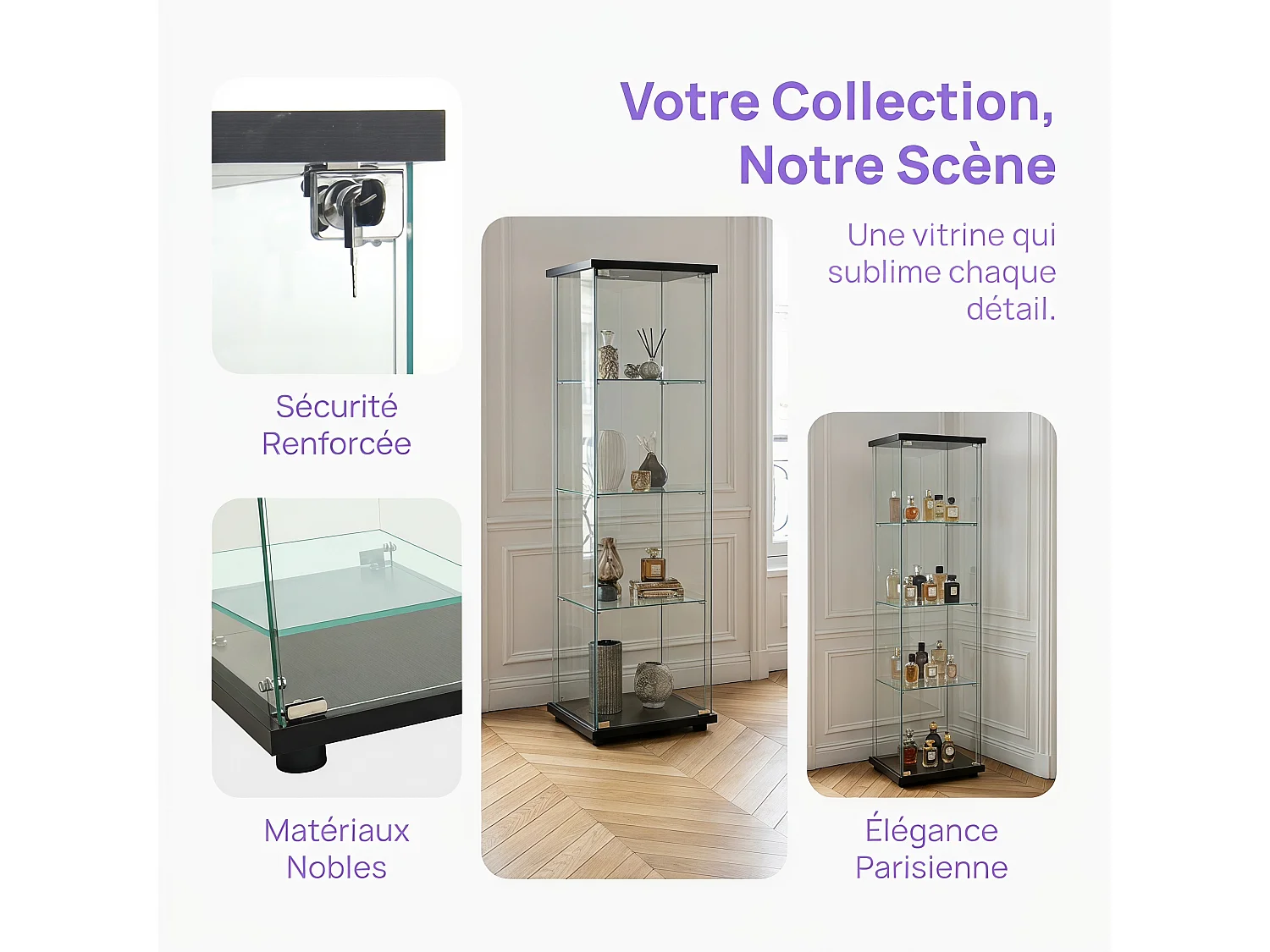 Vitrinekast van gehard glas met 4 planken, sfeerverlichting en slot – Moderne stijl – voor woonkamer, slaapkamer of kantoor – Zwart