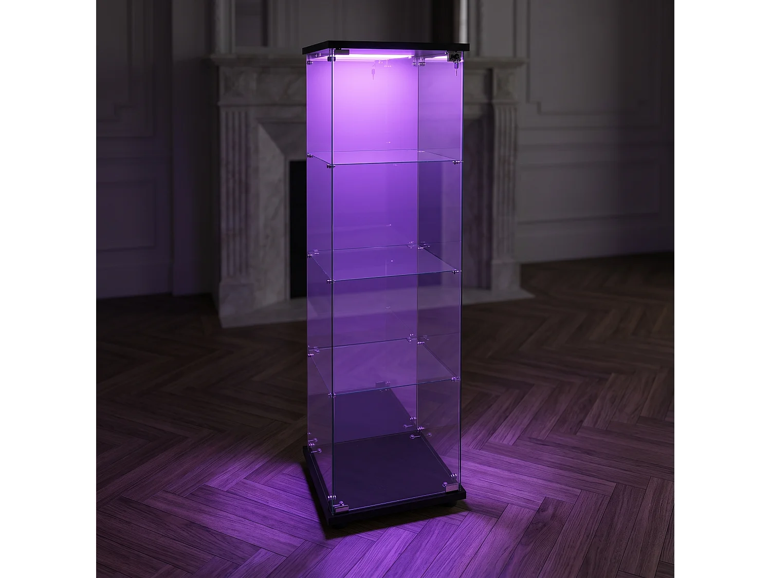 Vitrinekast van gehard glas met 4 planken, sfeerverlichting en slot – Moderne stijl – voor woonkamer, slaapkamer of kantoor – Zwart