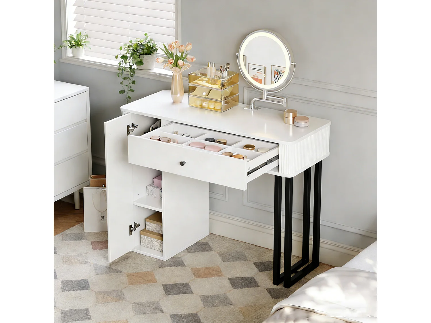 Meuble coiffeuse avec LED - Ensemble coiffeuse avec miroir - 9 tiroirs et 3 étagères - Blanc (sans tabouret)