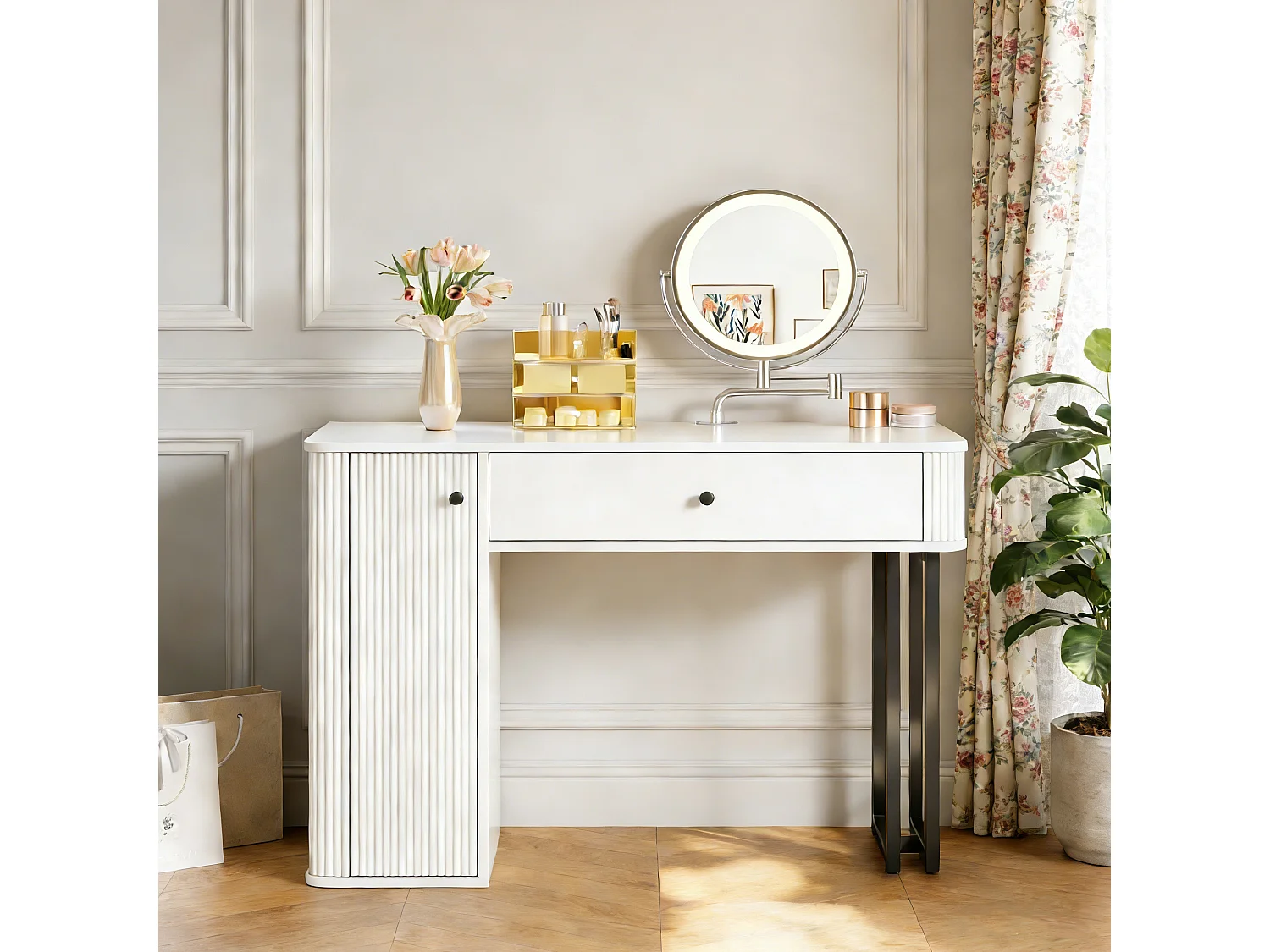 Meuble coiffeuse avec LED - Ensemble coiffeuse avec miroir - 9 tiroirs et 3 étagères - Blanc (sans tabouret)