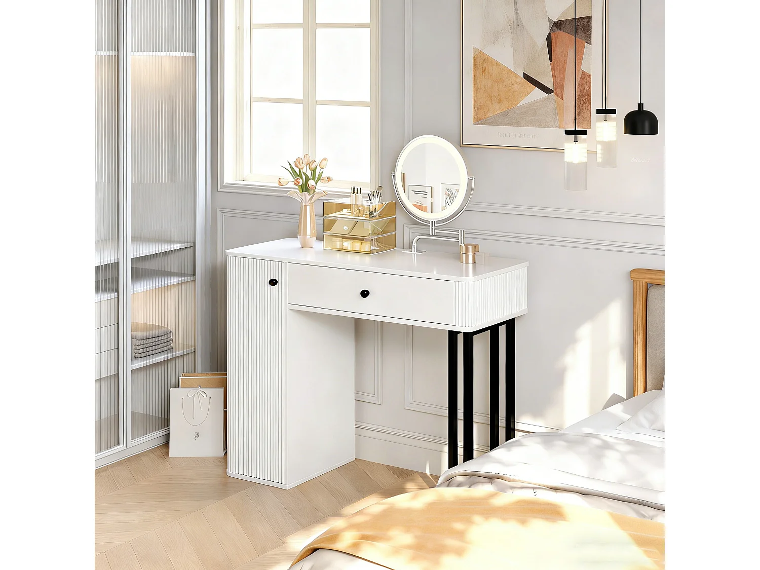 Meuble coiffeuse avec LED - Ensemble coiffeuse avec miroir - 9 tiroirs et 3 étagères - Blanc (sans tabouret)