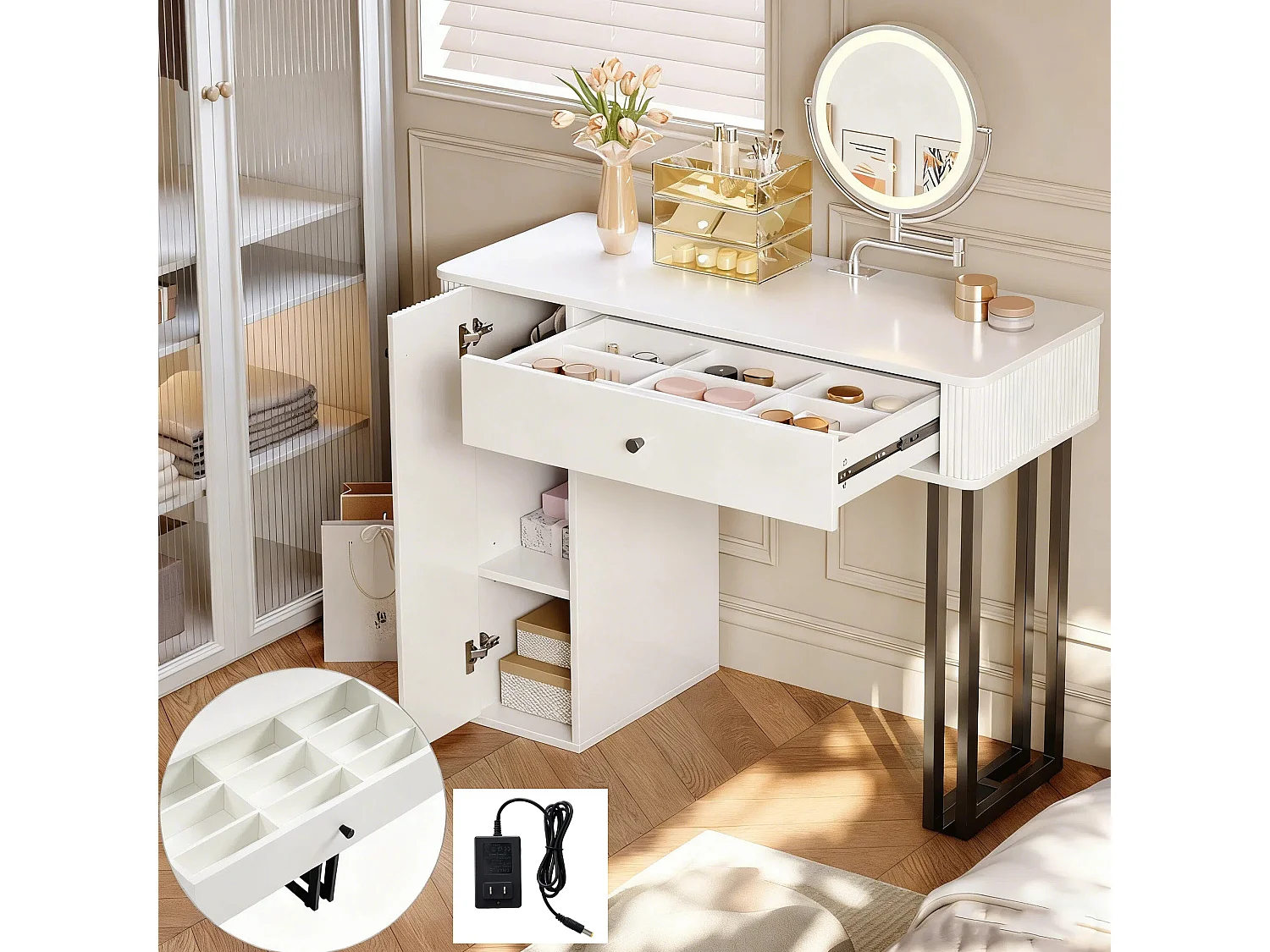 Meuble coiffeuse avec LED - Ensemble coiffeuse avec miroir - 9 tiroirs et 3 étagères - Blanc (sans tabouret)