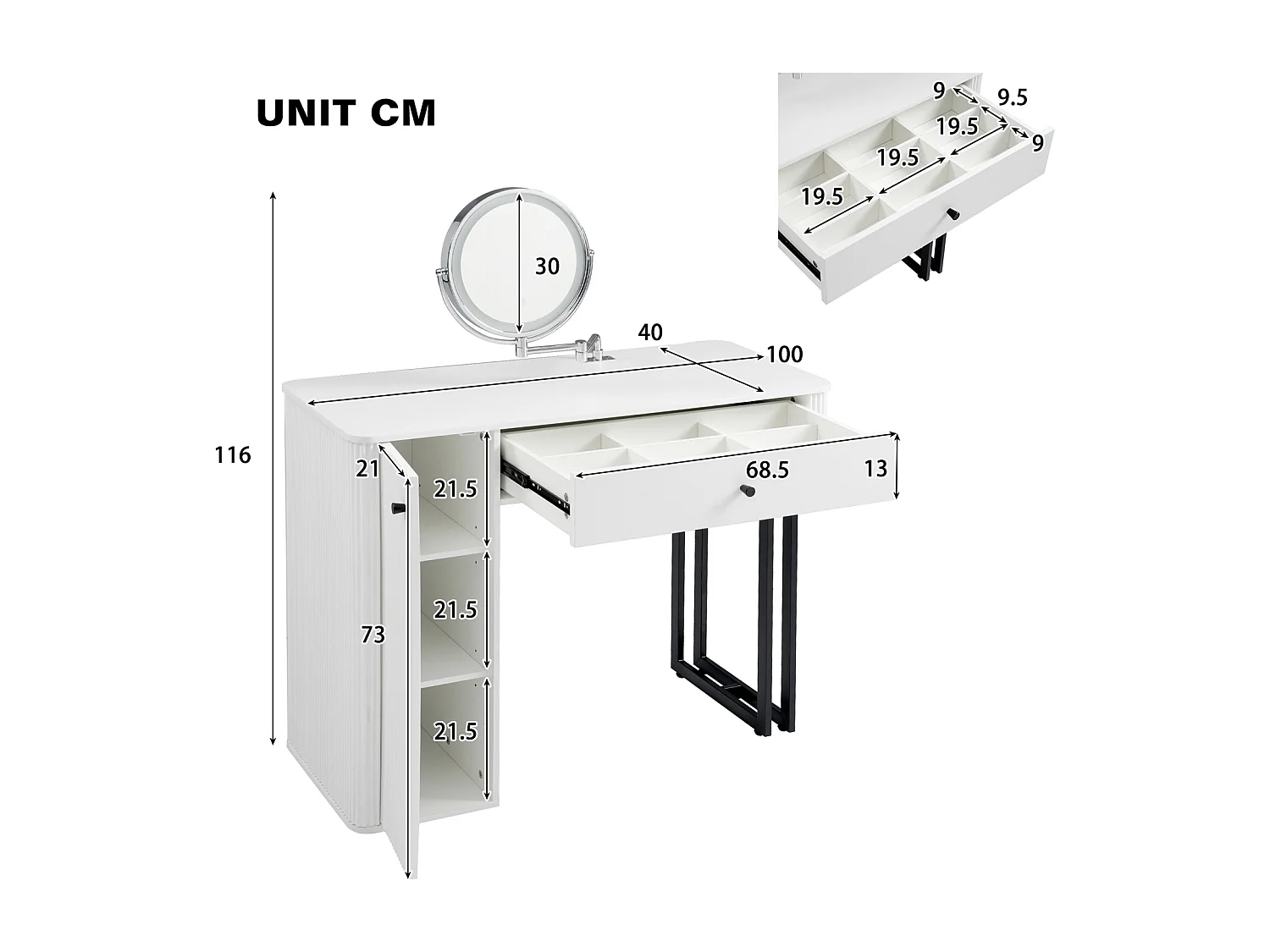 Meuble coiffeuse avec LED - Ensemble coiffeuse avec miroir - 9 tiroirs et 3 étagères - Blanc (sans tabouret)