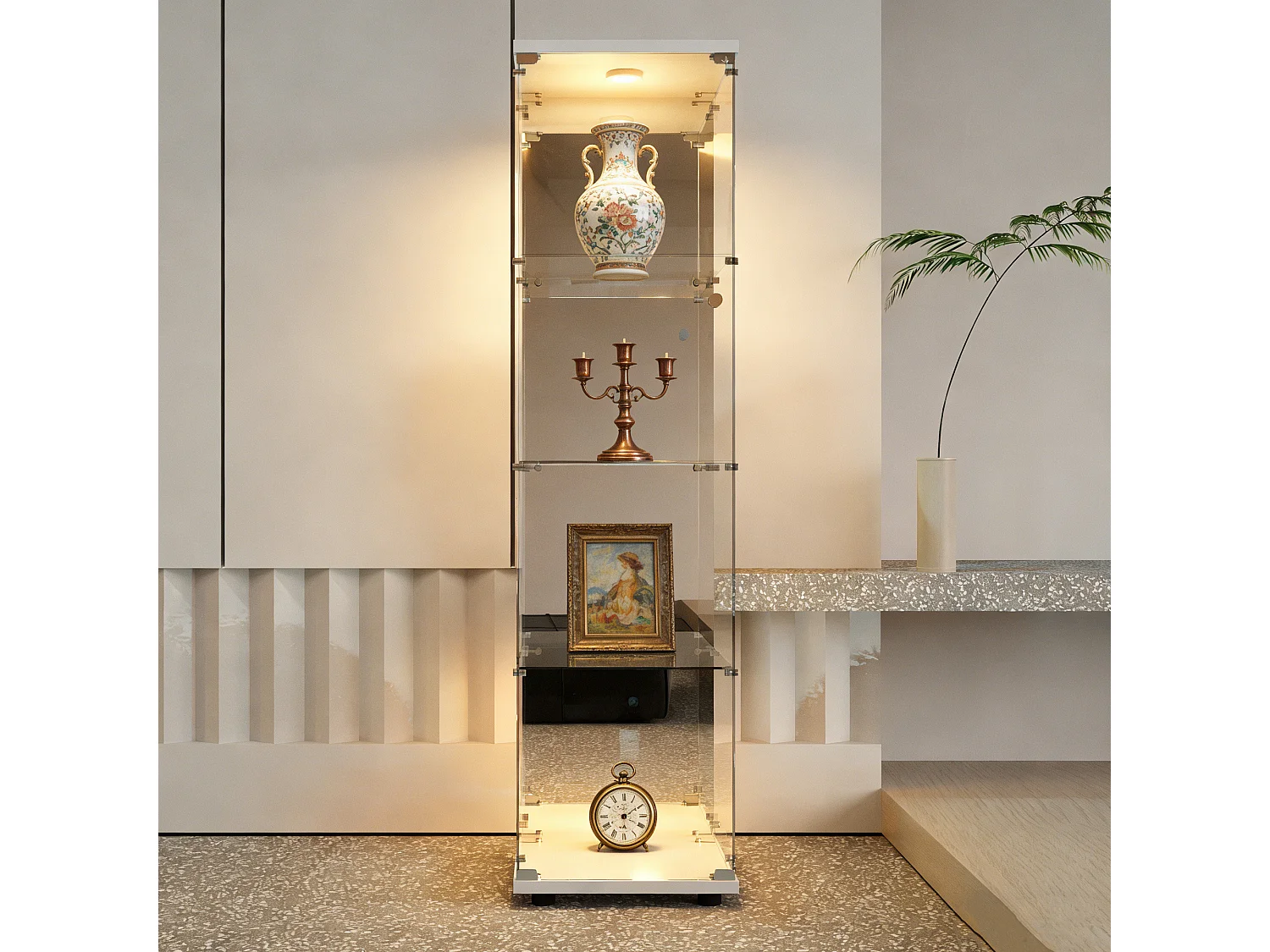 Vitrine en Verre Trempé étage 4 avec Lampe à Tapoter et Serrure – Style Moderne - pour Salon et Chambre or Bureau - Blanc