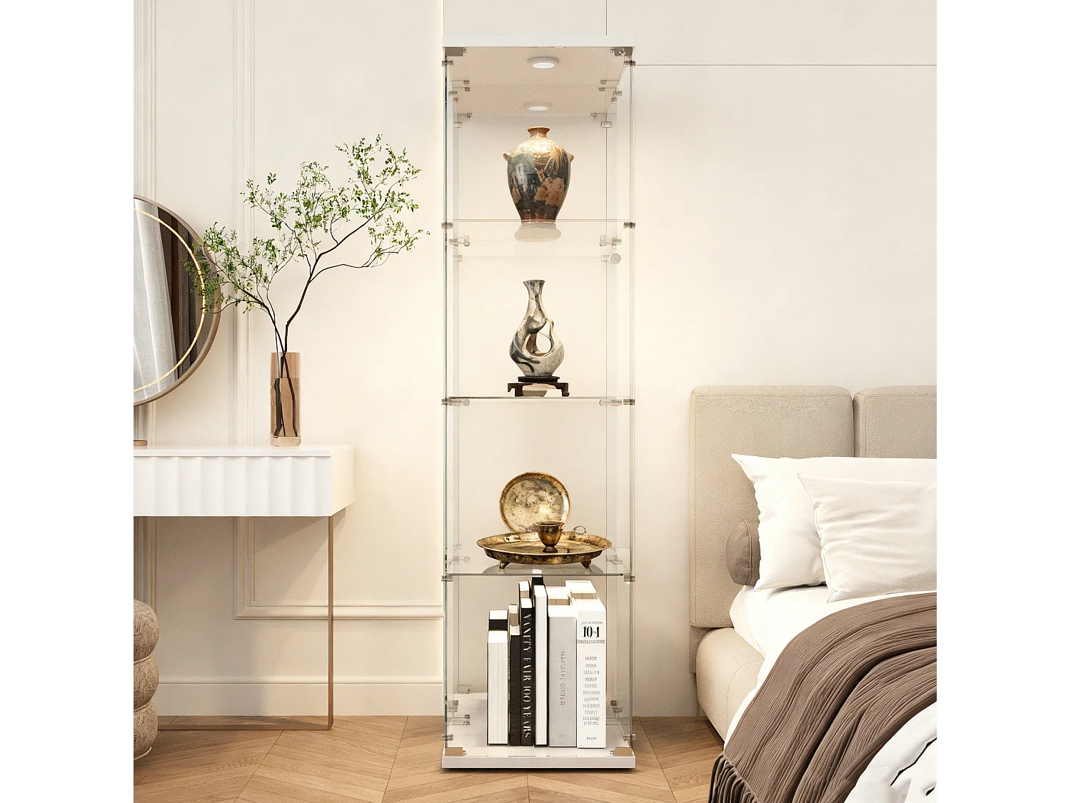 Vitrine en Verre Trempé étage 4 avec Lampe à Tapoter et Serrure – Style Moderne - pour Salon et Chambre or Bureau - Blanc