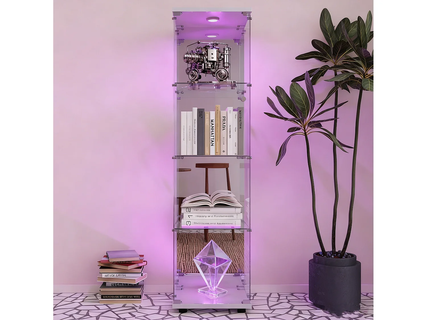 Vitrine en Verre Trempé étage 4 avec Lampe à Tapoter et Serrure – Style Moderne - pour Salon et Chambre or Bureau - Blanc