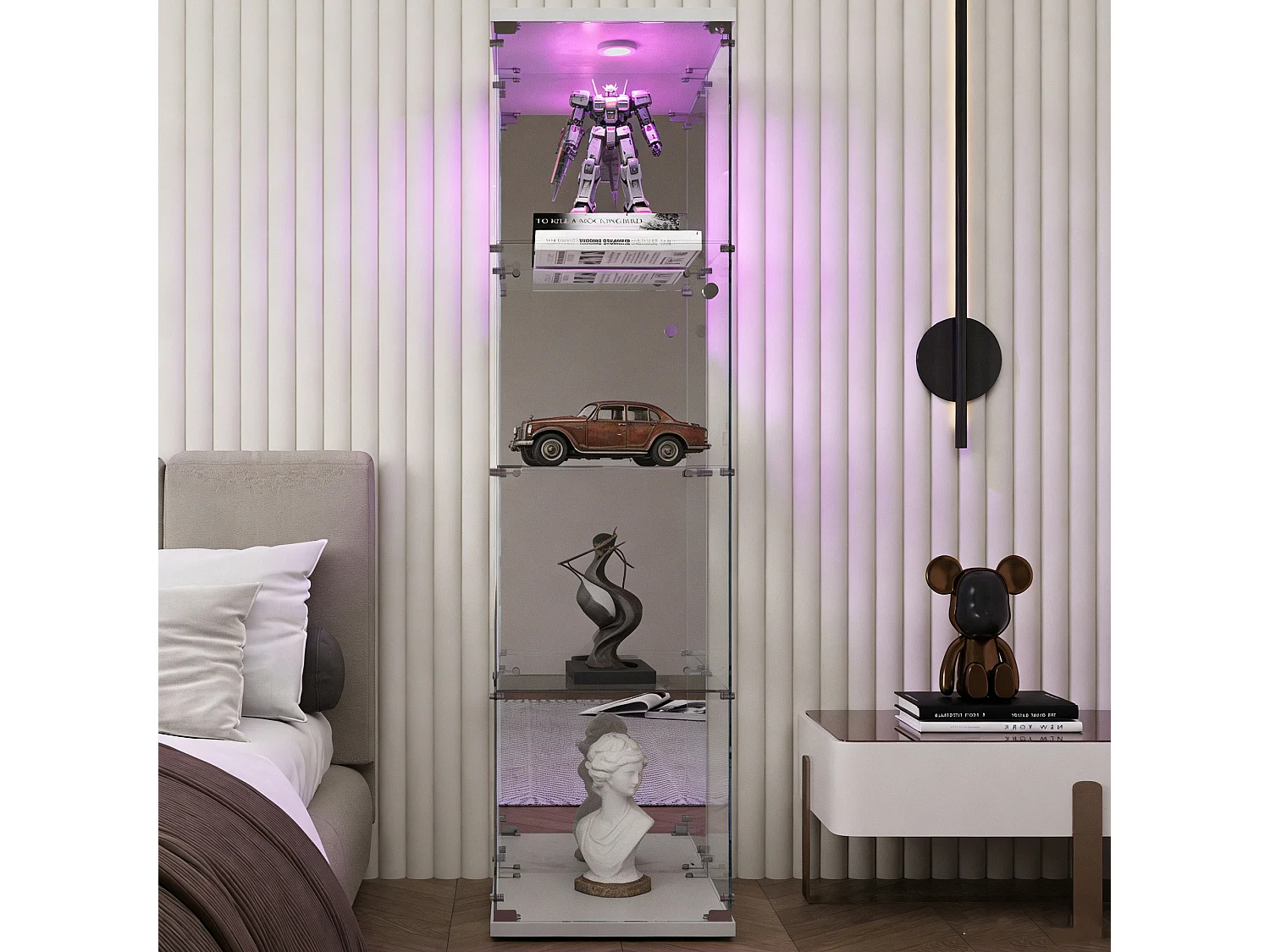 Vitrine en Verre Trempé étage 4 avec Lampe à Tapoter et Serrure – Style Moderne - pour Salon et Chambre or Bureau - Blanc