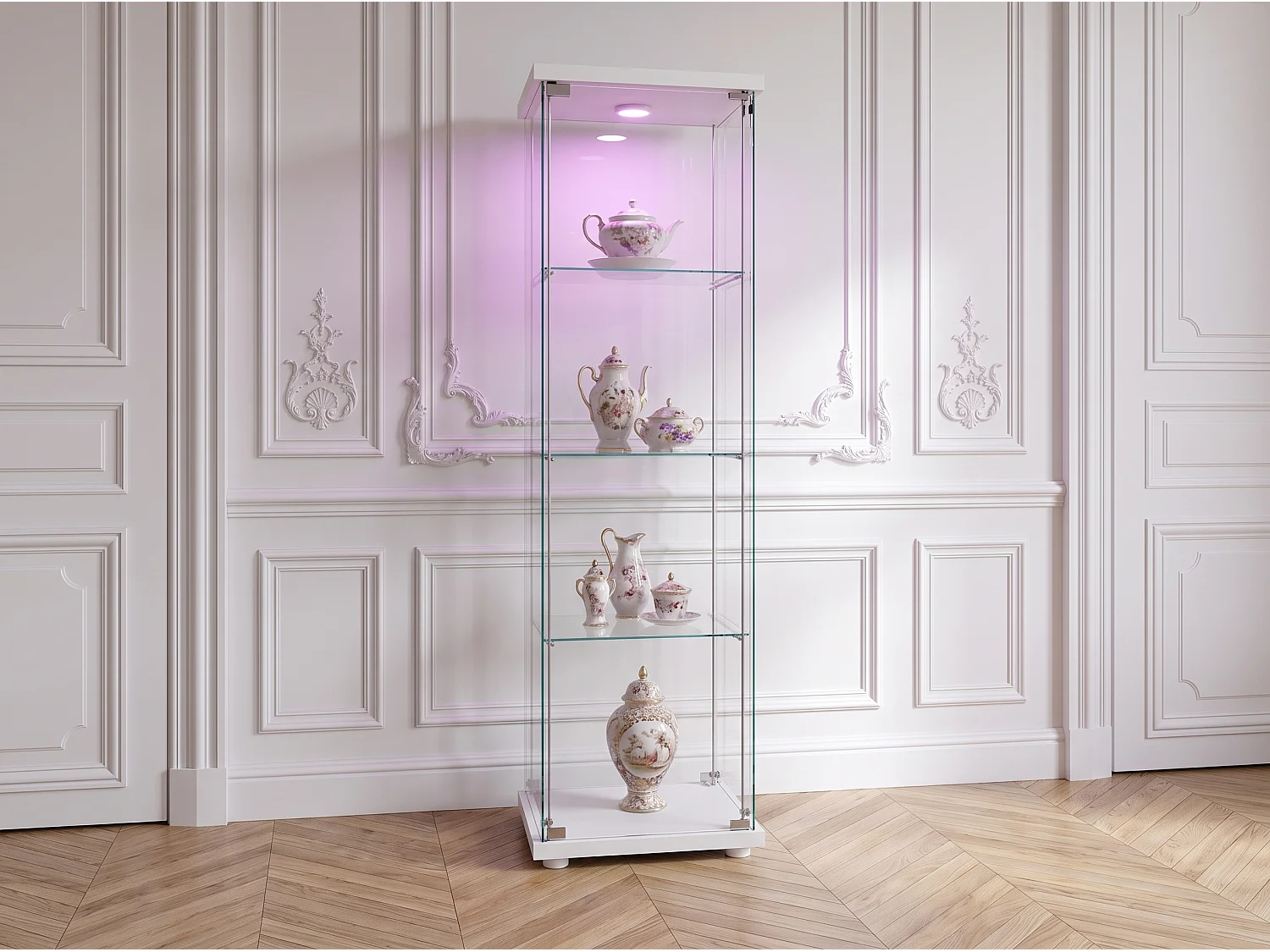 Vitrinekast van gehard glas met 4 planken, sfeerverlichting en slot – Moderne stijl – voor woonkamer, slaapkamer of kantoor – Wit