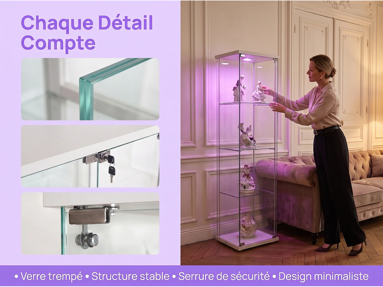 Vitrinekast van gehard glas met 4 planken, sfeerverlichting en slot – Moderne stijl – voor woonkamer, slaapkamer of kantoor – Wit