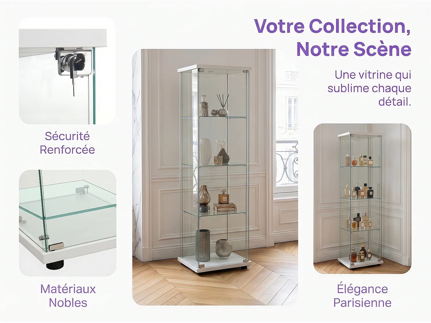 Vitrinekast van gehard glas met 4 planken, sfeerverlichting en slot – Moderne stijl – voor woonkamer, slaapkamer of kantoor – Wit