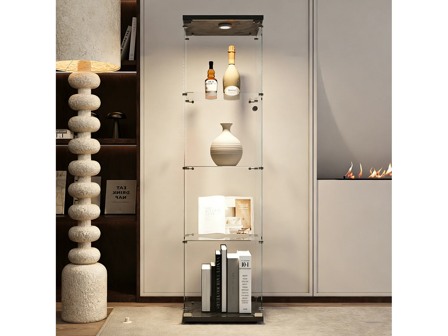 Vitrine en verre avec LED et serrure - Armoire pour collection avec 4 étages -  pour magasin et bureau or Chambre et Salon - 44 x 14 x 165 cm - noir