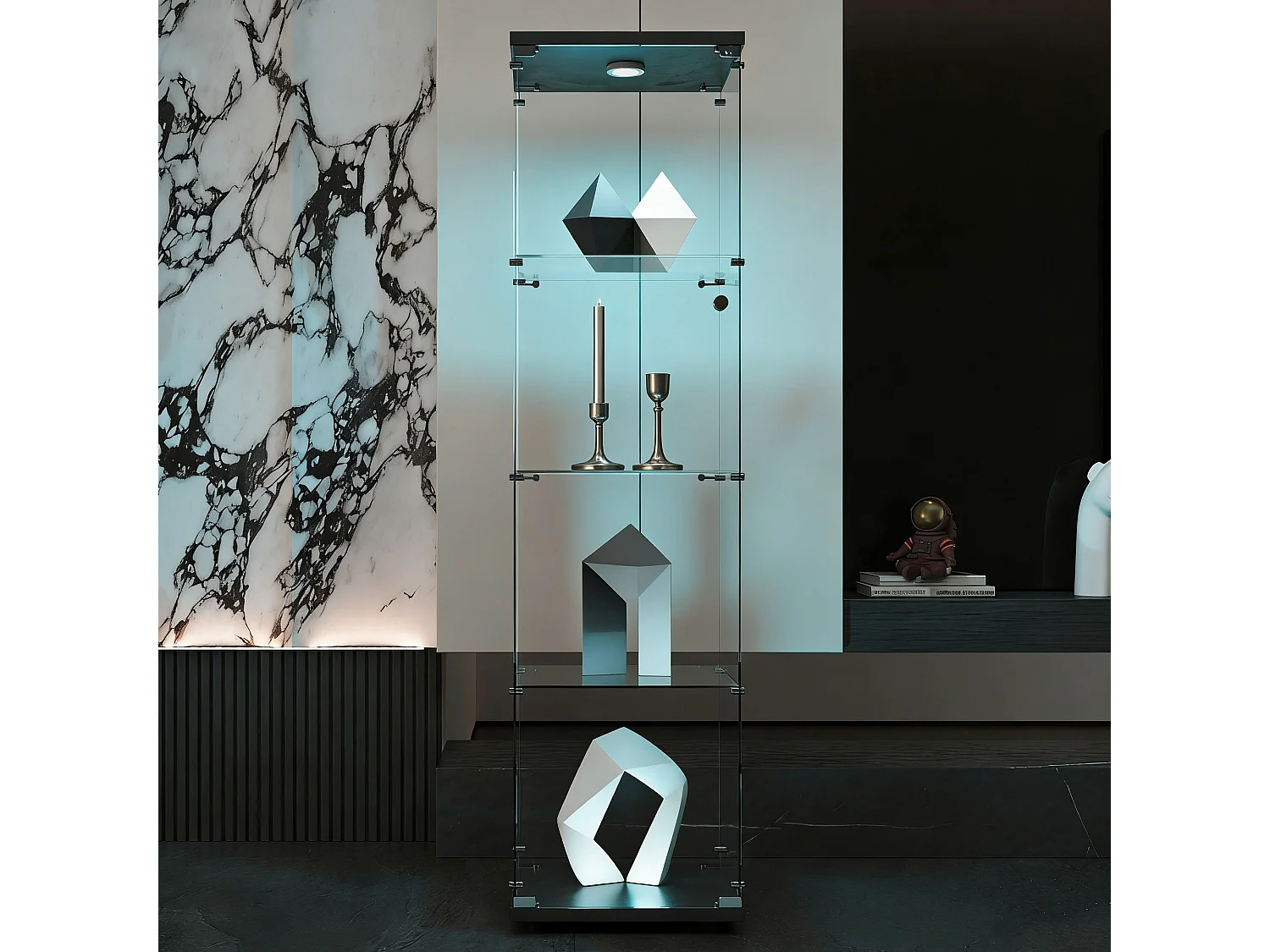Vitrine en verre avec LED et serrure - Armoire pour collection avec 4 étages -  pour magasin et bureau or Chambre et Salon - 44 x 14 x 165 cm - noir