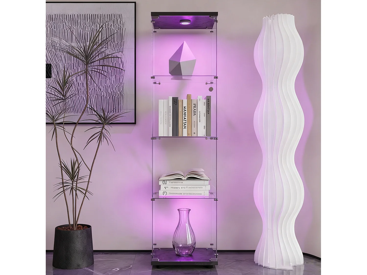 Vitrine en verre avec LED et serrure - Armoire pour collection avec 4 étages -  pour magasin et bureau or Chambre et Salon - 44 x 14 x 165 cm - noir